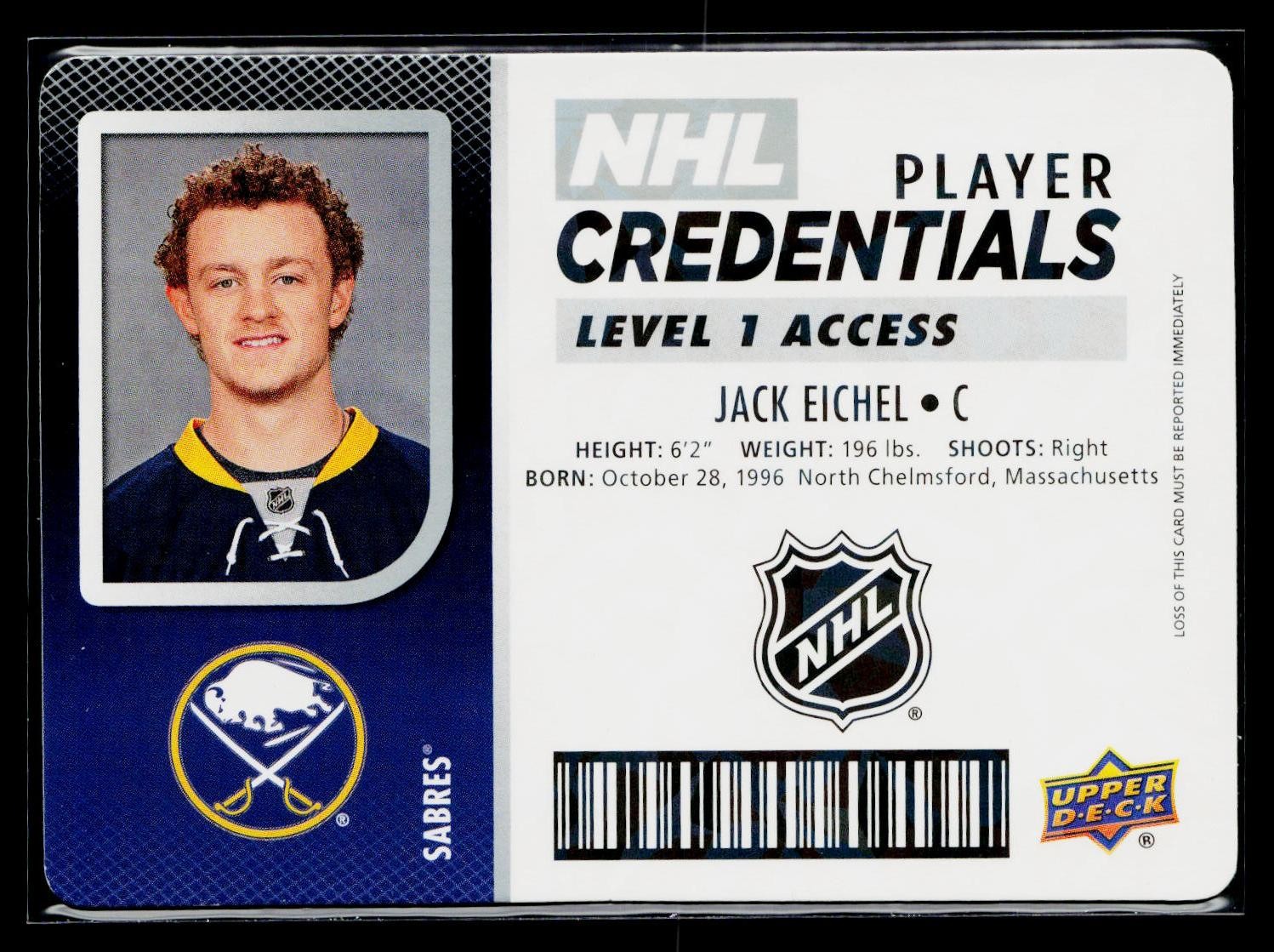 2017-18 Upper Deck MVP #NHL-JE Jack Eichel NHL Player Credentials Level 1 Access 2017-18 Upper Deck MVP #NHL-JE Jack Eichel NHL Player Credentials Level 1 Access