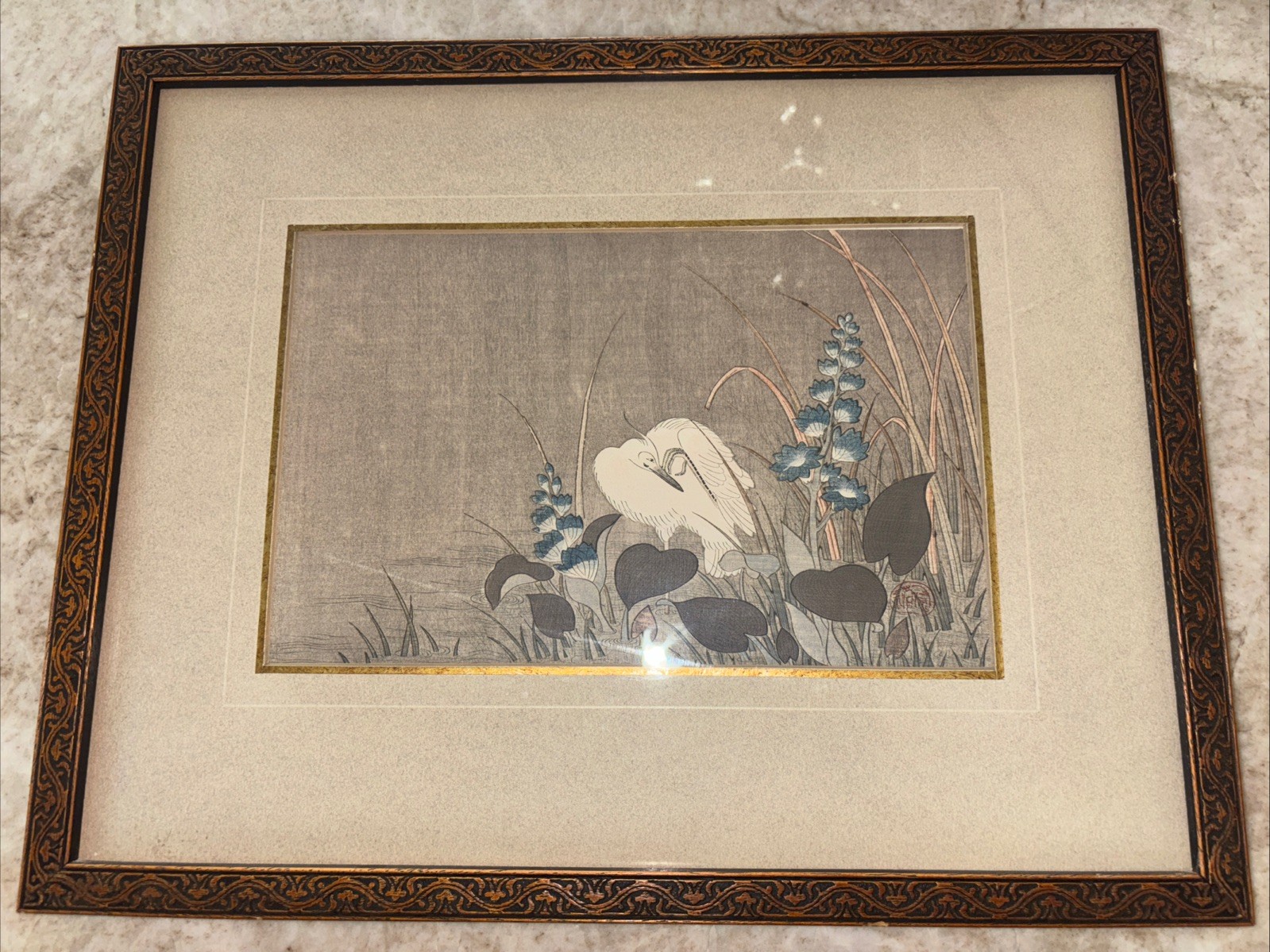 Japanese Woodblock Print Heron & Aquatic Plants by Kano Gyokuraku Shimbi Shoin