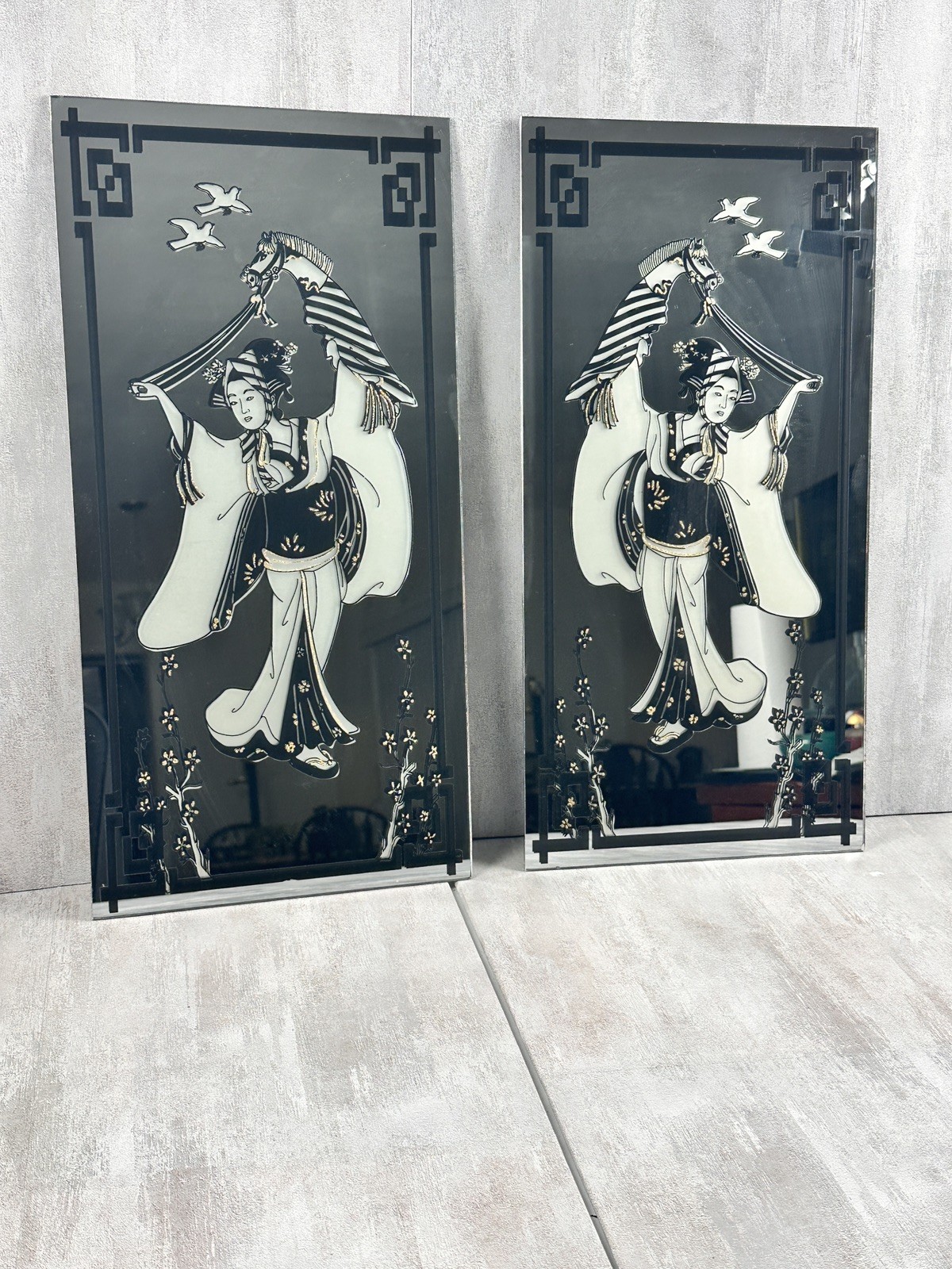 Vintage Pair Asian Geisha Painted Mirror Wall Panels Black White Gold 18”
