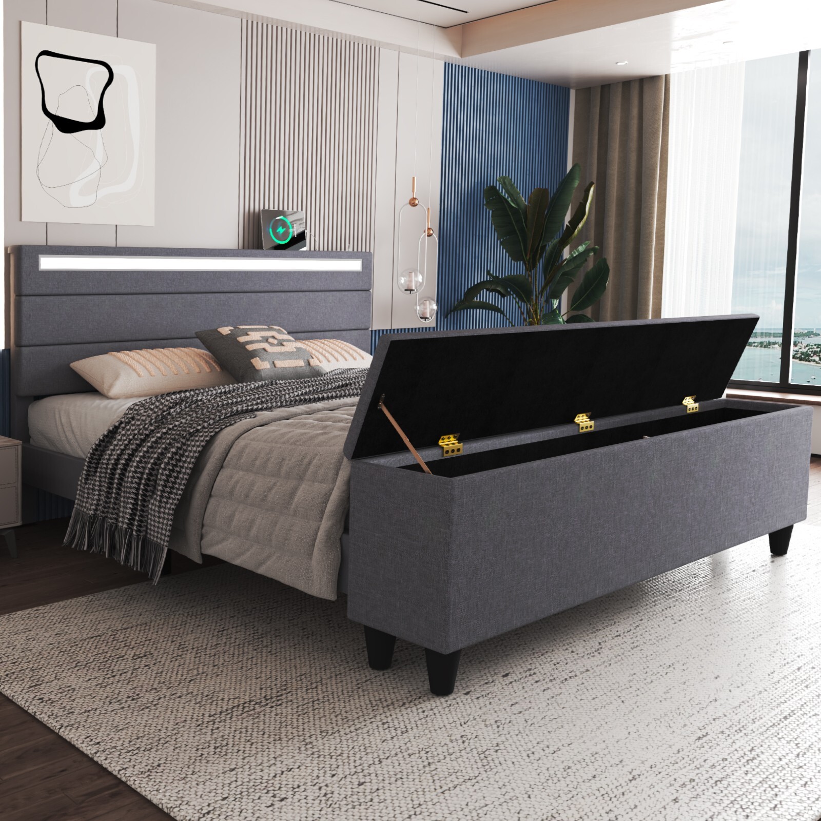 Queen/Full Bed Frame with Storage/Upholstered Headboard with Charging Station
