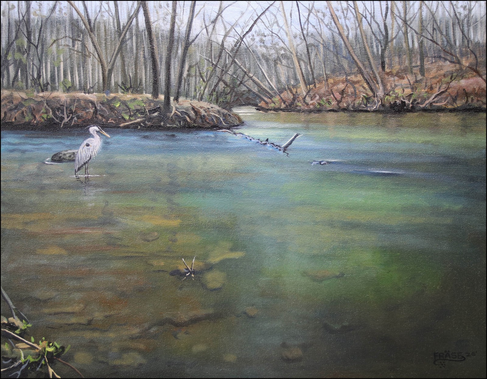 FRASE ORIGINAL OIL PAINTING GEORGIA LANDSCAPE CHESTATEE RIVER HERON BIRD ART O/C