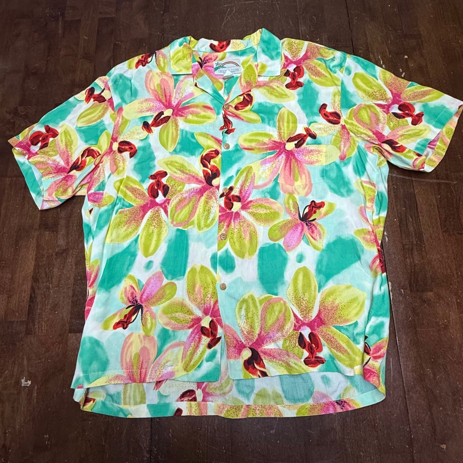 VTG Paradise Found Hawaiian Shirt Mens XL Neon Orchid Floral Rayon Made Hawaii