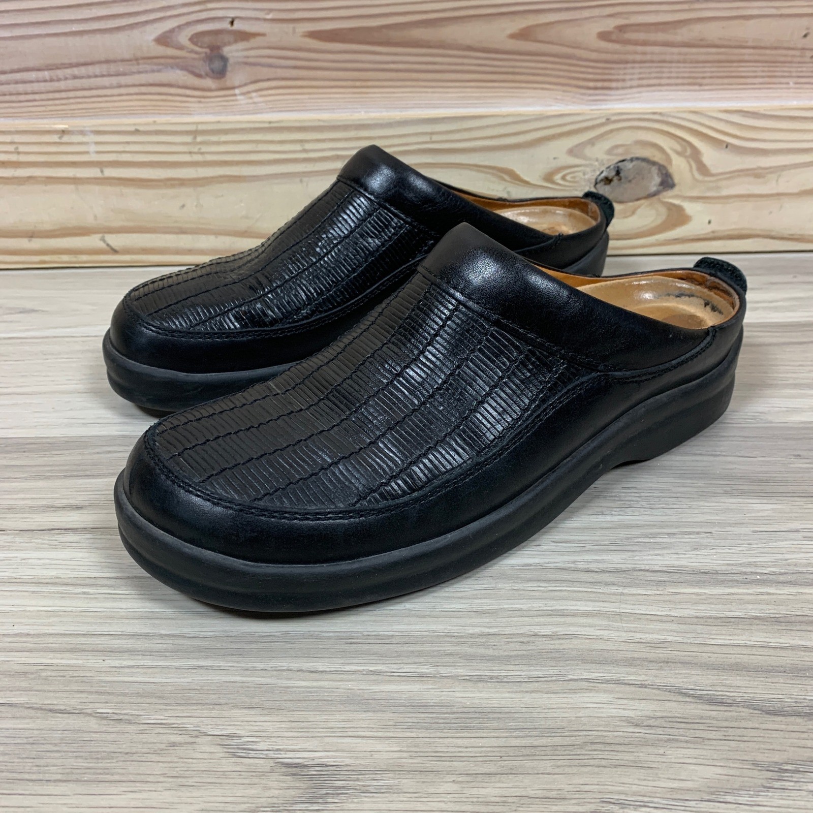 Footprints Birkenstock Clogs Womens 41 Black Leather Embossed Mule Slip On Shoes