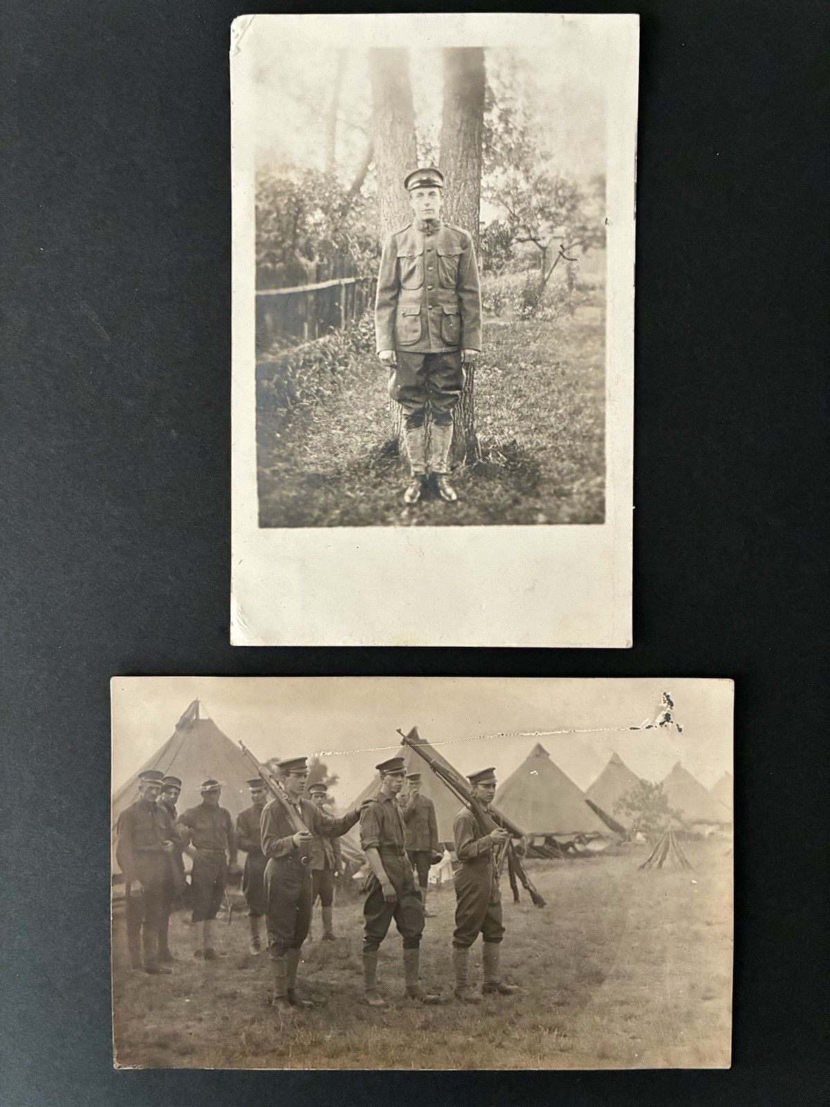 2 Antique WWI RPPC Postcards, Military Camp, Soldier Group & Solo Portrait Set