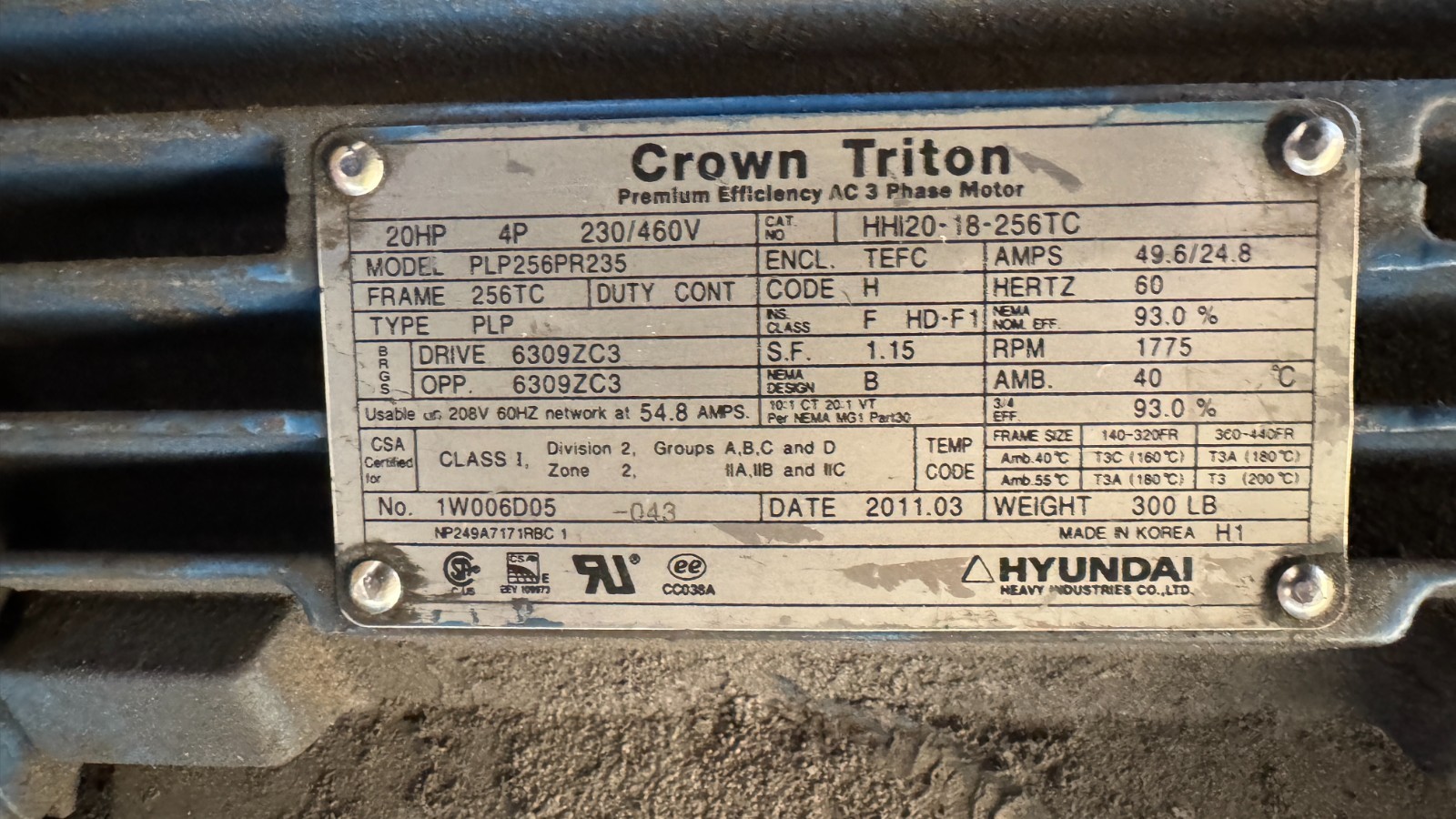 Crown Triton 20 HP 230/460 Volt 256TC TEFC HHI20-18-256TC 1775 RPM
