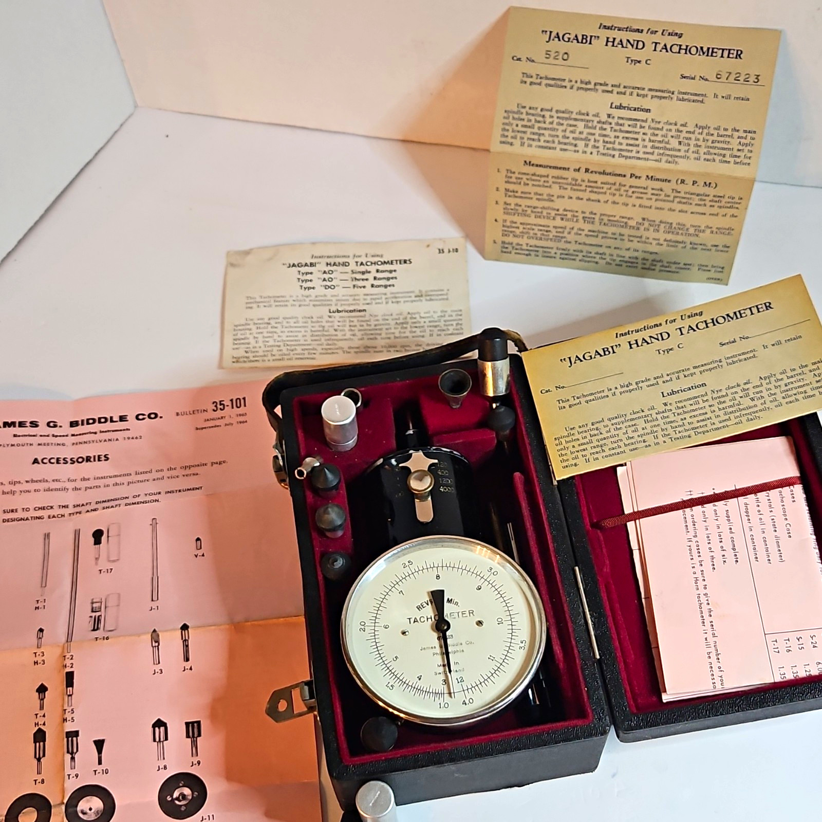 vtg James G Biddle  JAGABI Hand Tachometer Type  C, w.Case 15 acces. info #67223