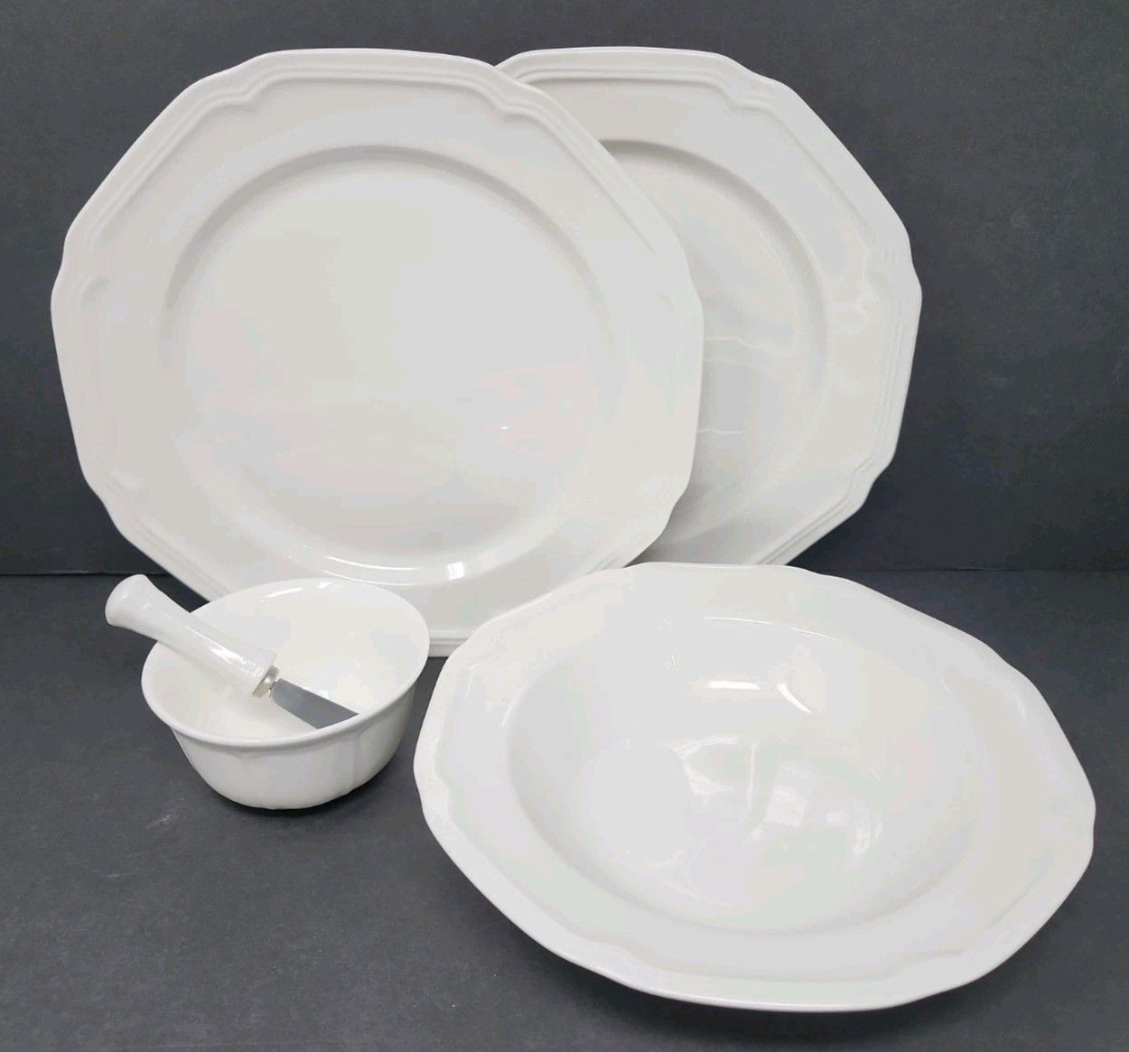 Mikasa Antique White Round Platter x 2, Serving Bowl, Dip Bowl w/ Spreader