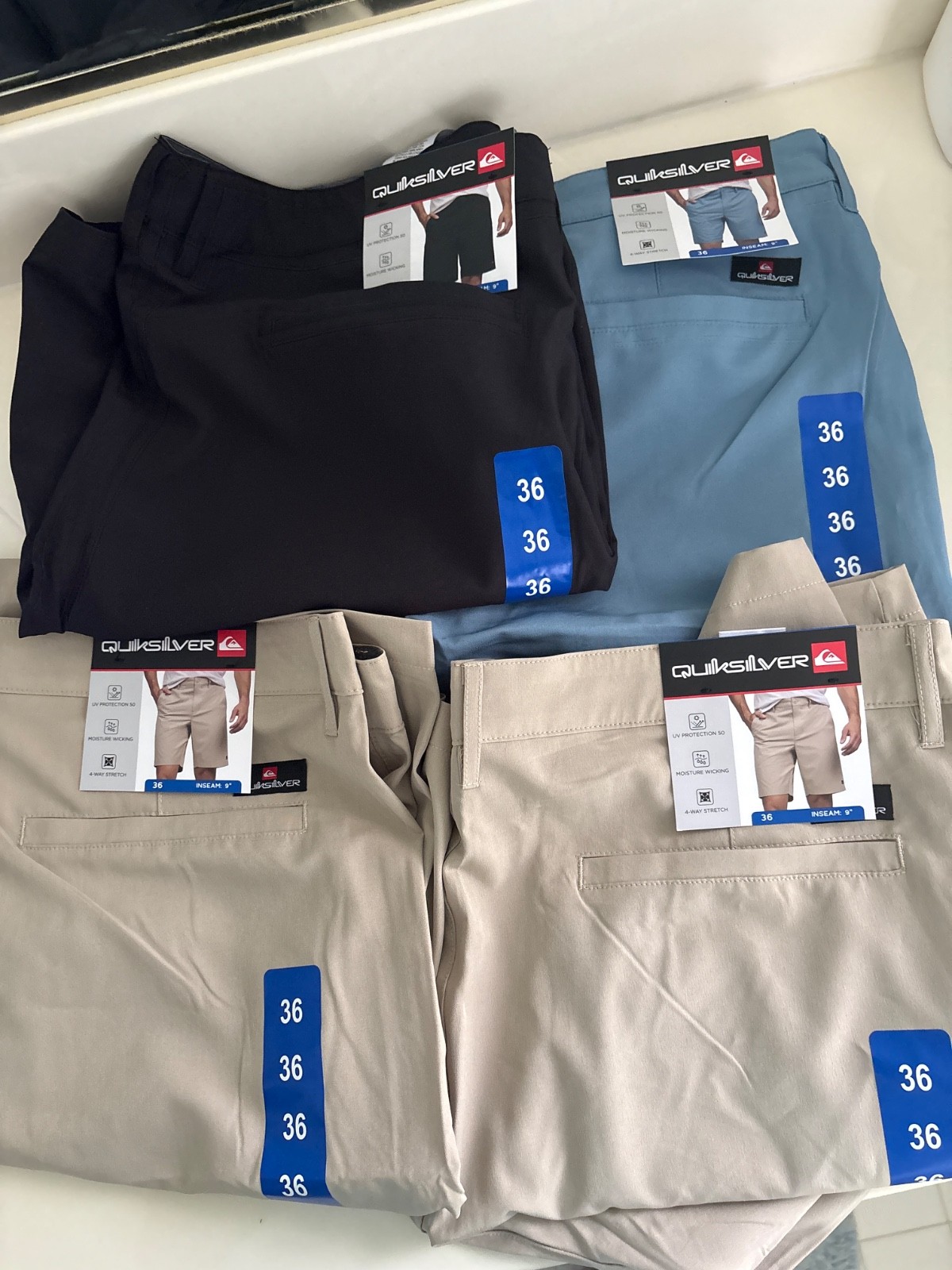 LOT OF 4 NWT Hang Ten Men’s Hybrid Shorts, Quick Dry 36x,9. Tan, Blue, Black