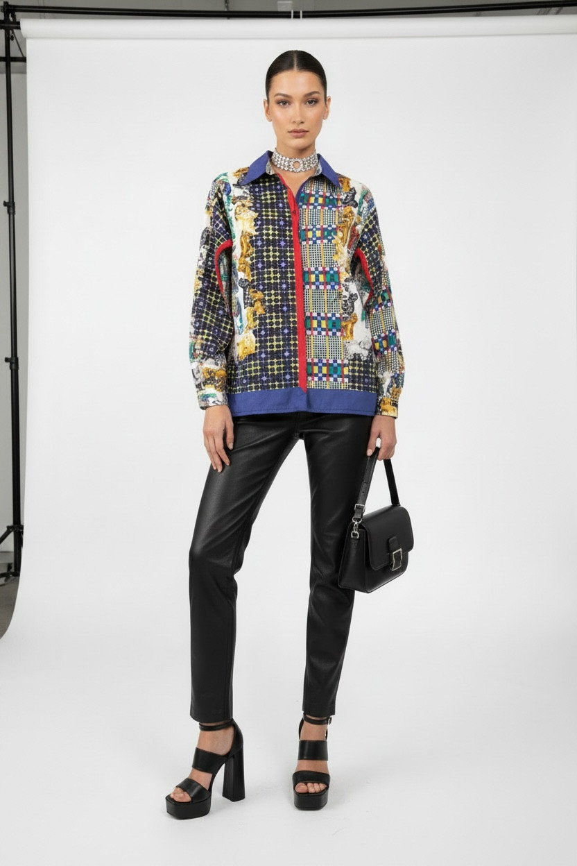 Vtg 90s VERSACE Jeans Couture Shirt M ITALY Novelty DOG PEOPLE Print BLOUSE Top