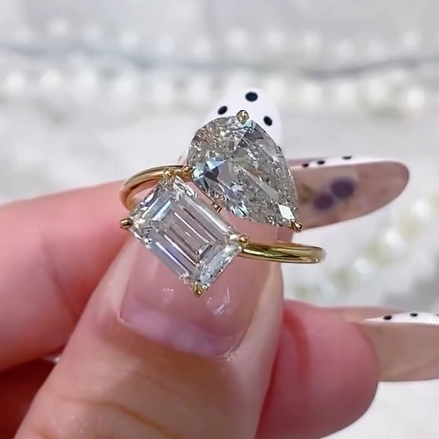 4.24CT Emerald Pear Moissanite Toi et Moi Engagement Ring 14K Yellow Gold Plated