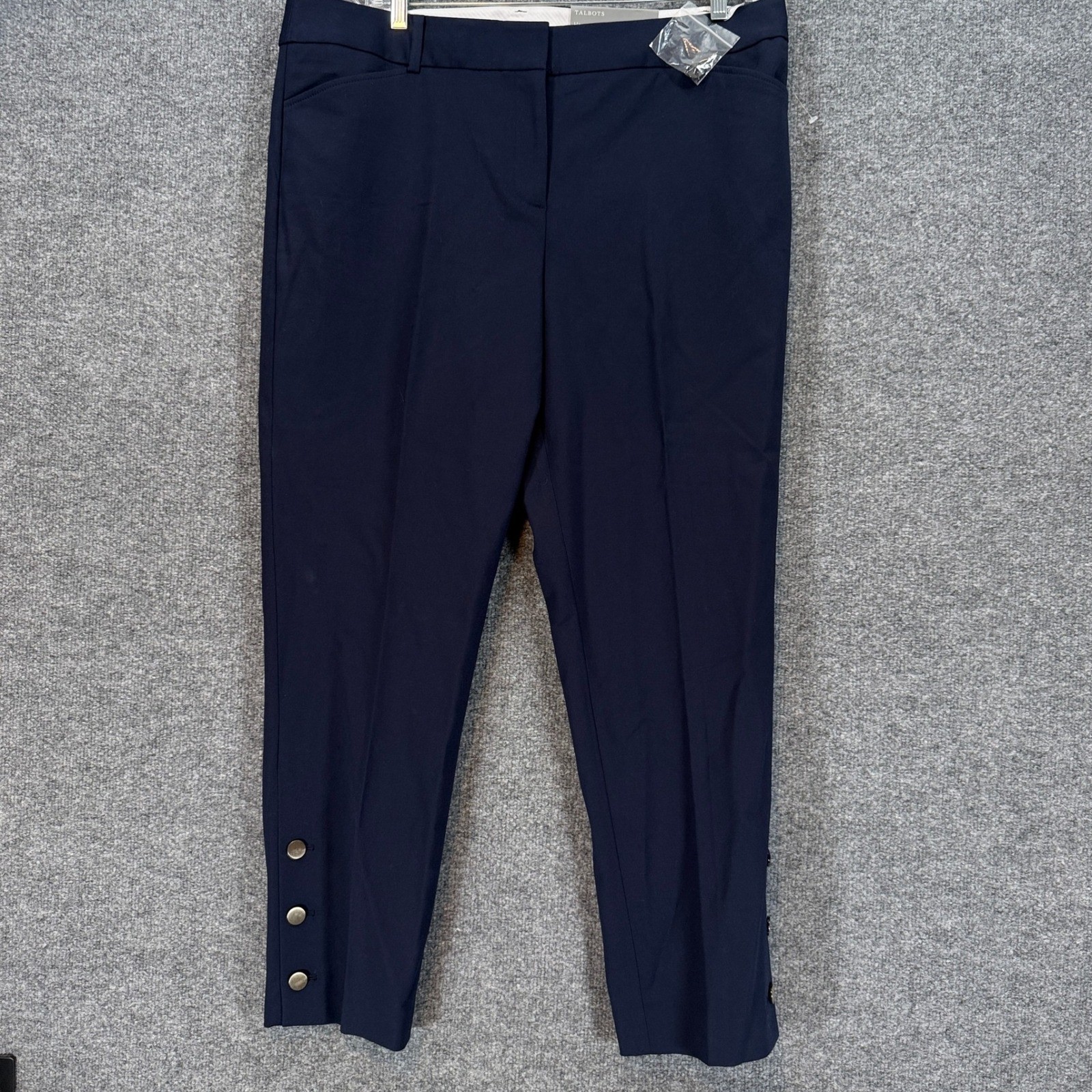 Talbots Hampshire Ankle Pants Women 16 Navy Blue Button Hem Straight Leg NEW