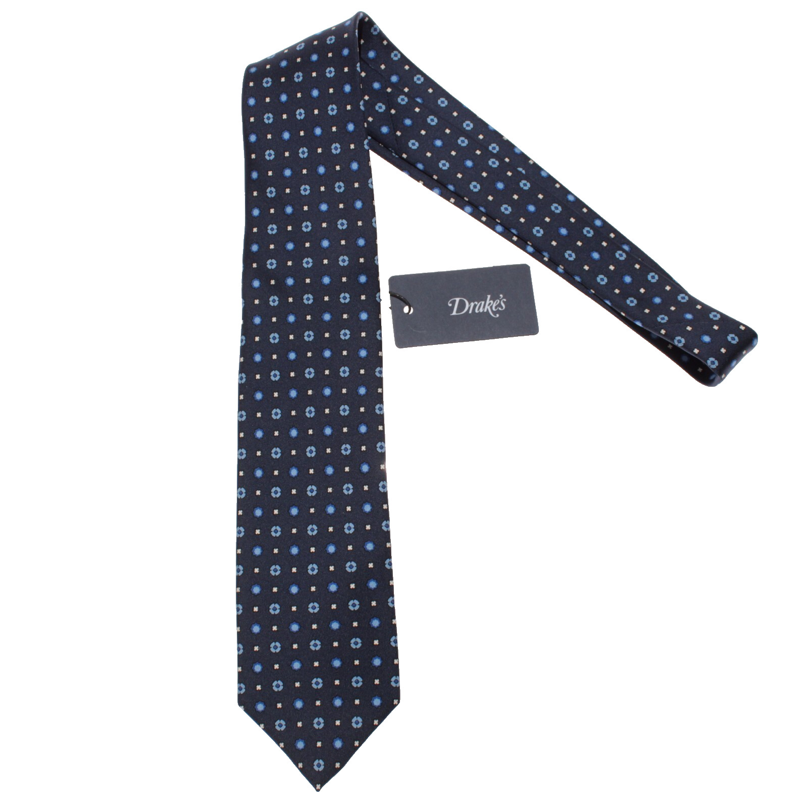 Drake\'s NWT Neck Tie in Navy with Blue & White Mini Geometric Pattern 100% Silk