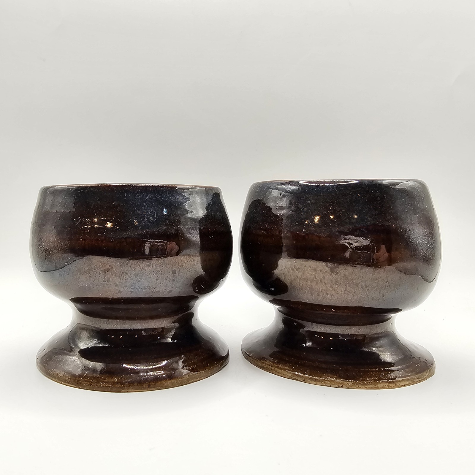 McCarty Pottery Wine Goblets Nutmeg Glaze Pedestal Handcrafted Set Of Two Signed
