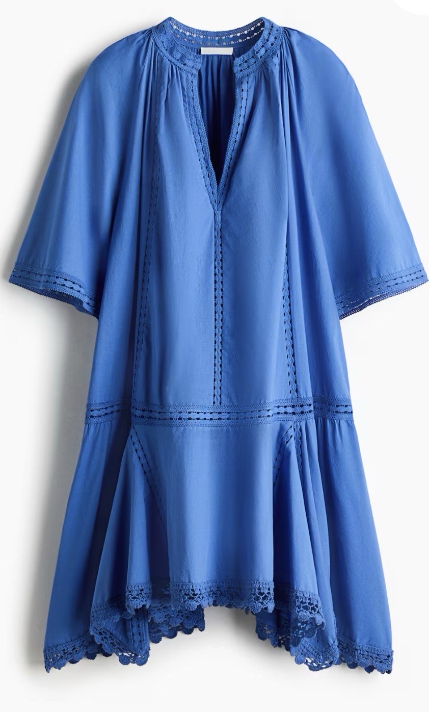 H&M LACE-INSET COTTON DRESS Blue Size Large 