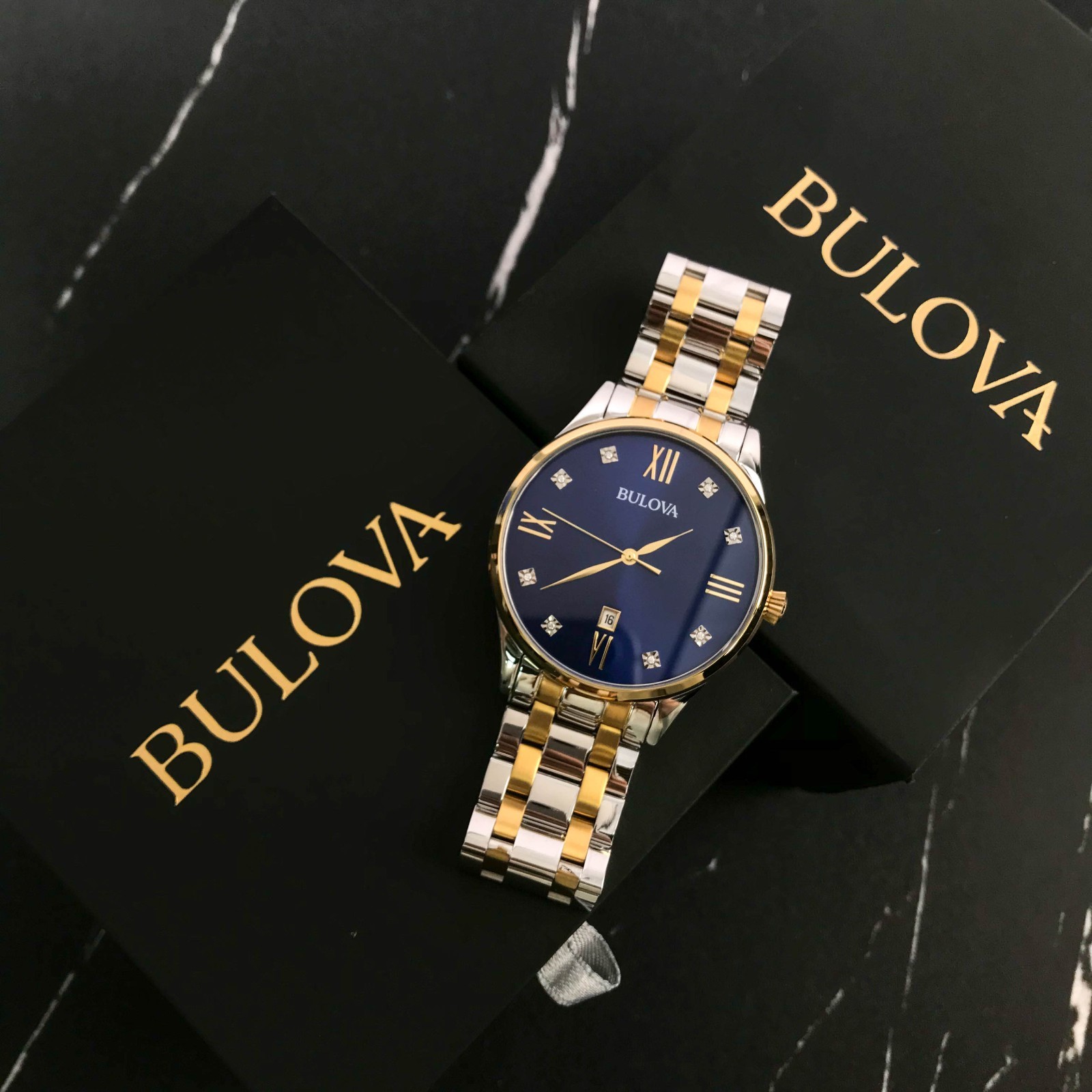 Bulova Classic 98D130 Men's Diamond Accent Two-Tone Blue Dial 40mm Quartz Watch