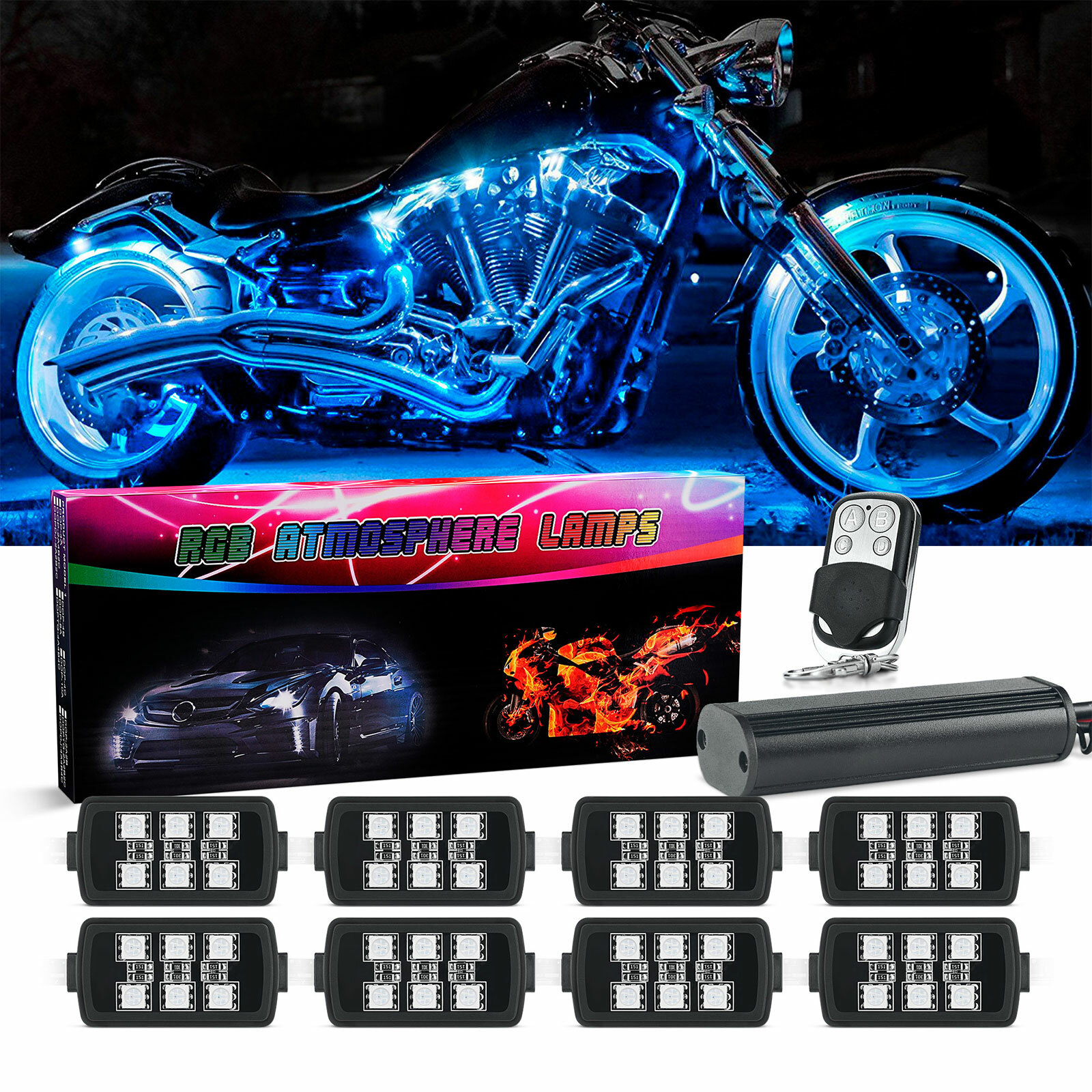 8 Pods Million Multi-Color RGB Motorcycle Underglow Neon LED Accent Lights Kit