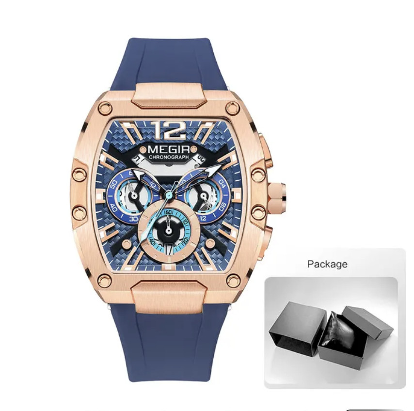 MEGIR Fashion Sport Quartz Watch for Men Waterproof Golden Green Silicone Strap
