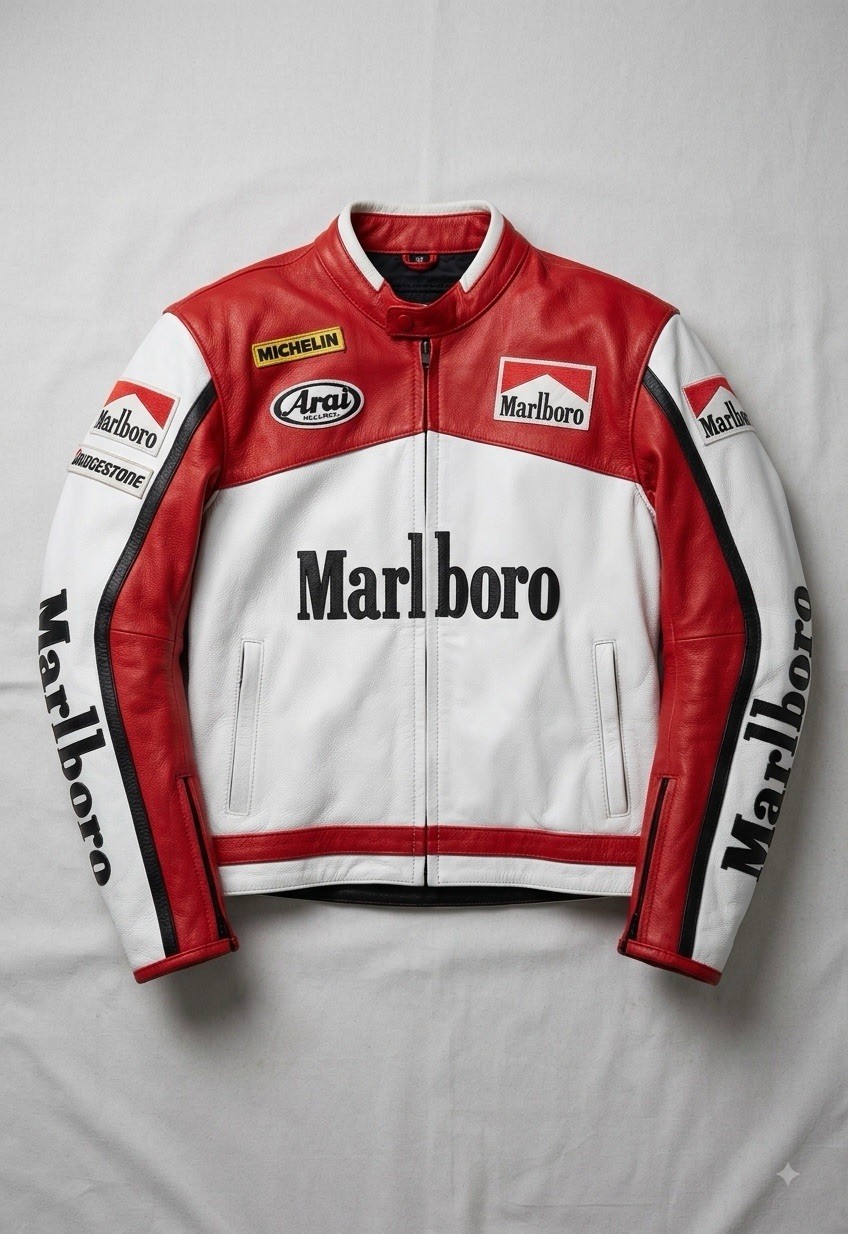Marlboro Vintage Racing Leather Jacket Red White Motorcycle Biker Suit Moto GP