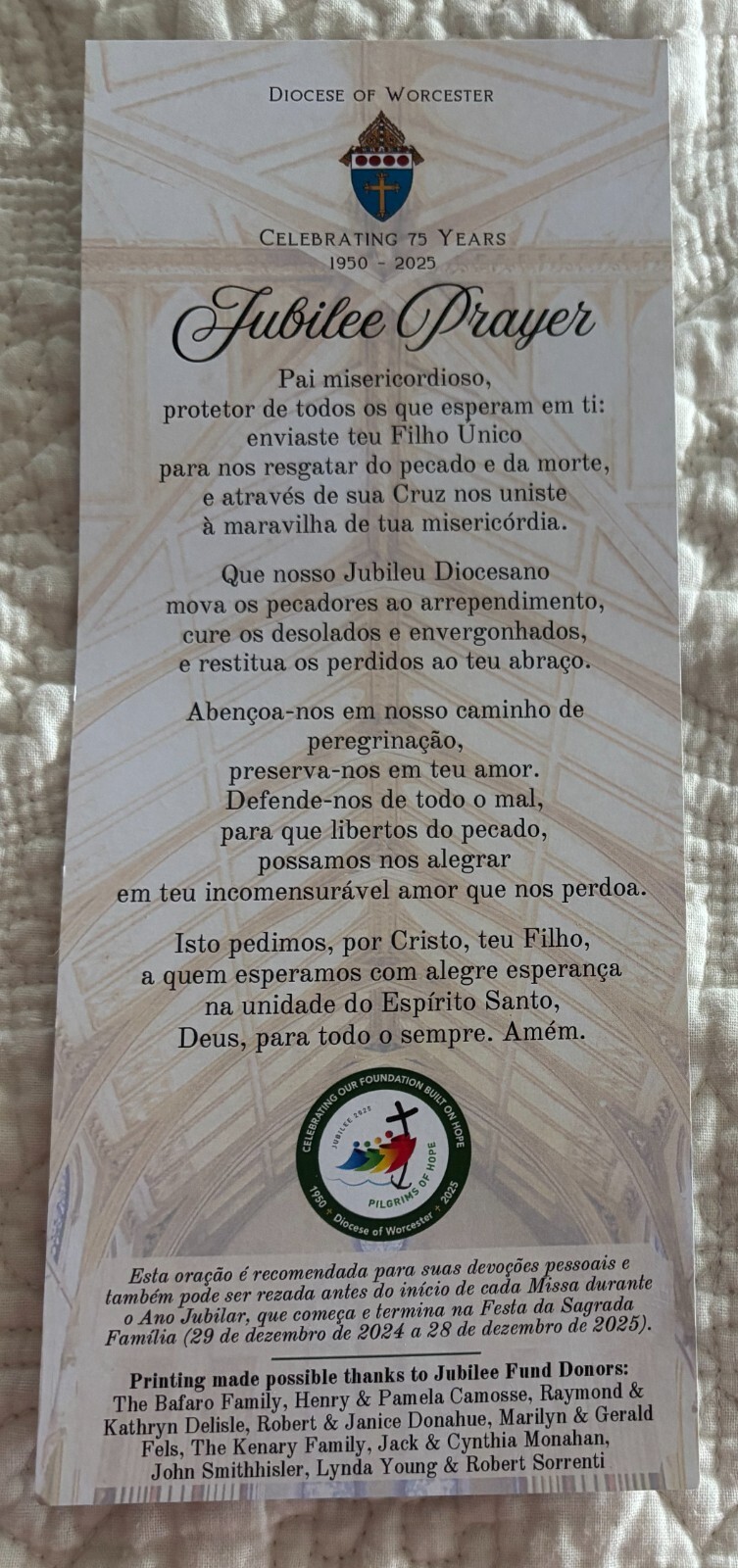 Cartão de Oração/Marcador de Oração: Oração do Jubileu em Português ***NOVO***