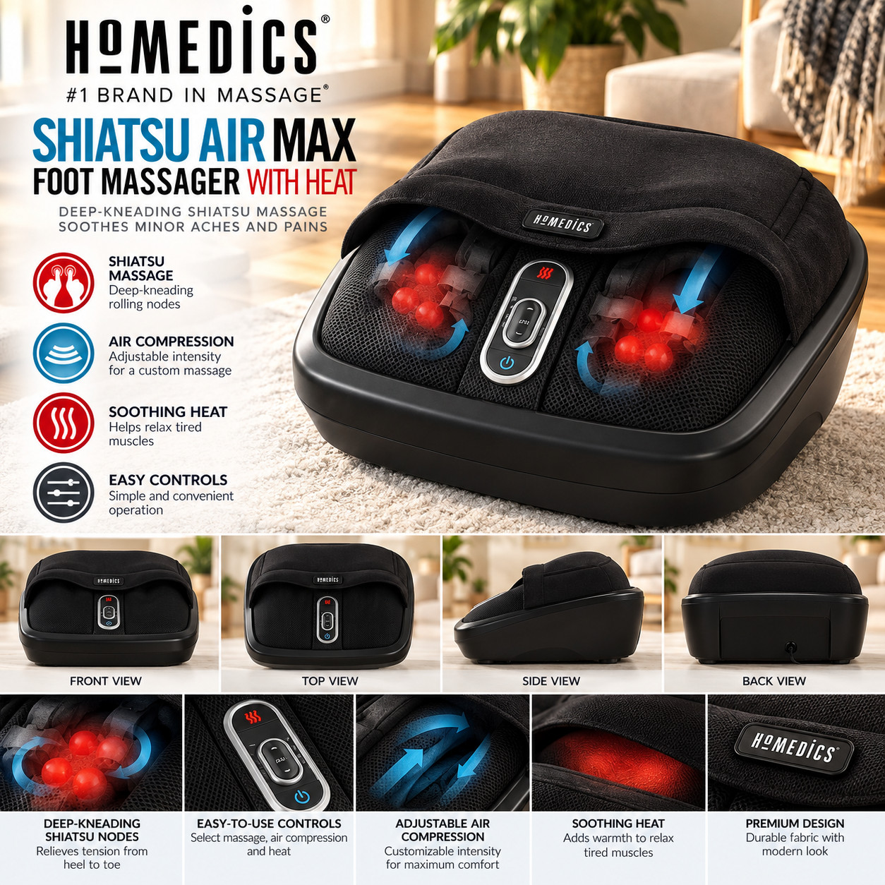 HoMedics FMS-307HJ Shiatsu Air Max Foot Massager w/ Heat Compression Black