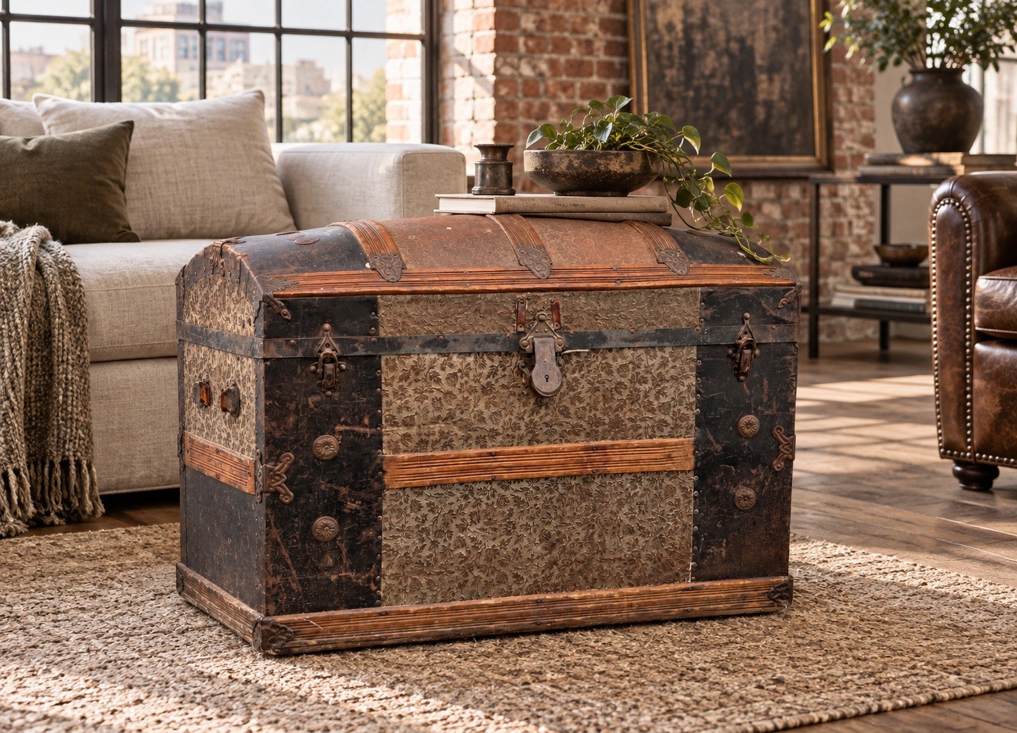 Large Antique Victorian Oak Banded Embossed Leather Dome Top Steamer Trunk Chest