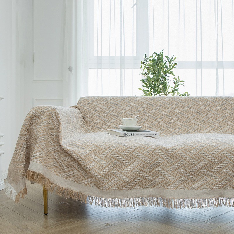 Boho Farmhouse Fringed Knitted Throw Blanket Decorative for Couch Sofa Bed
