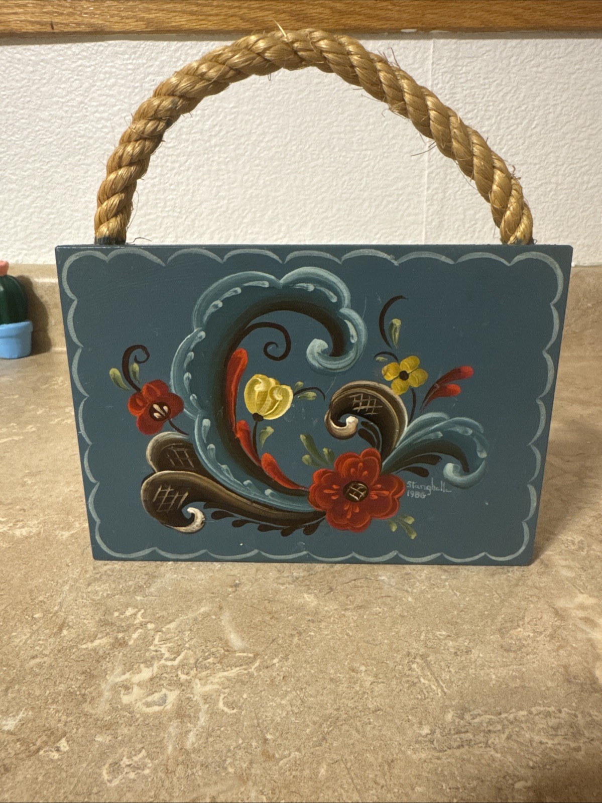 Vintage 1986 Signed Hand-Painted Plaque Norwegian Rosemaling Elda Mae Stanghelle