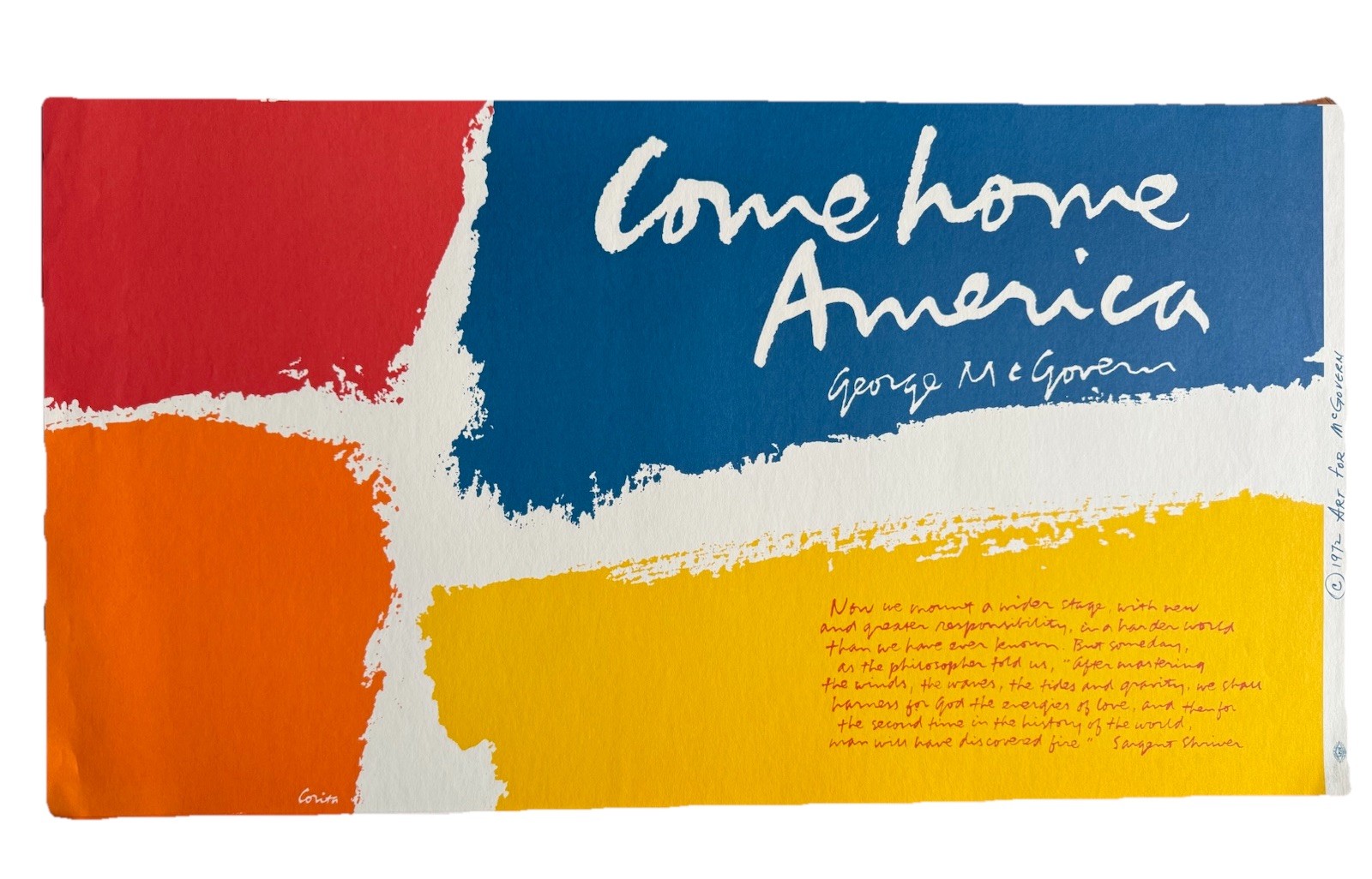 Sister Mary Corita Come Home America George McGovern Campaign Poster 1972 Orig