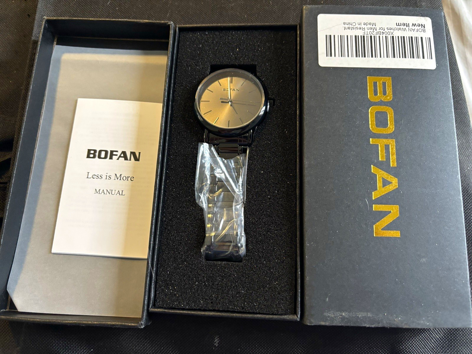 BOFAN Quartz Analog Watch Black Metal Bracelet Gold Dial Stick Index 42mm 3ATM BOFAN Quartz Analog Watch Black Metal Bracelet Gold Dial Stick Index 42mm 3ATM