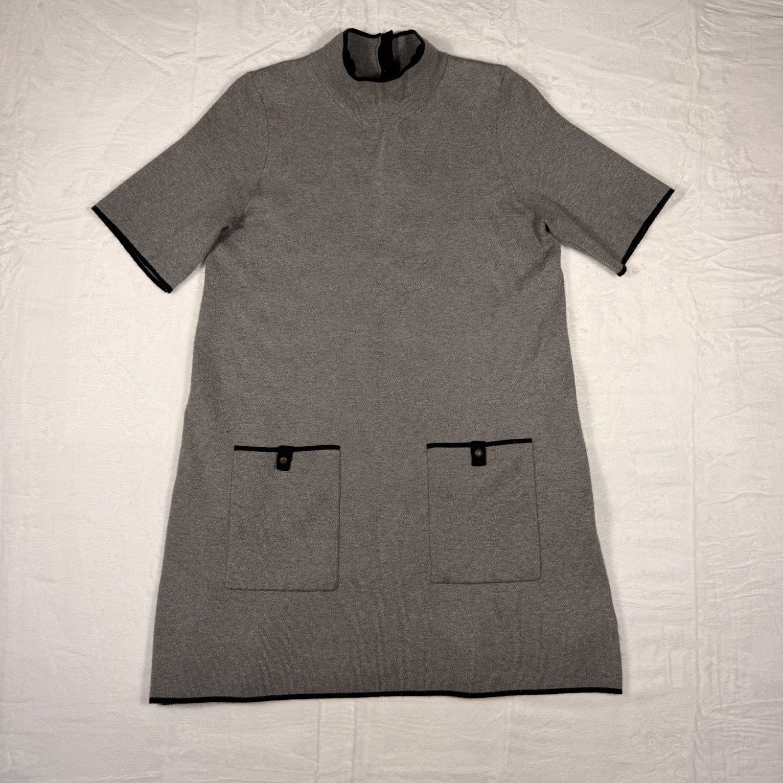 Maeve Anthropologie Gray Knit Shift Dress Mock Neck Black Trim Pockets Size L