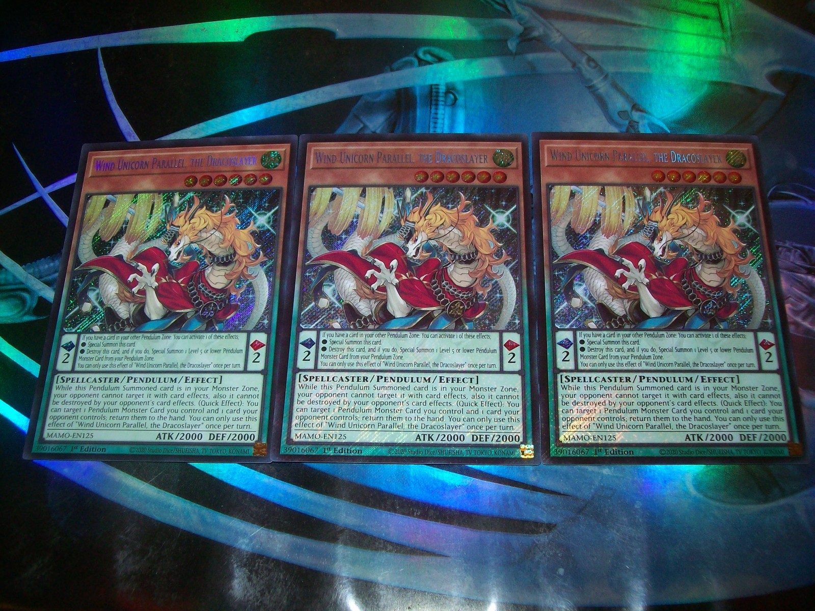 3x Wind Unicorn Parallel, the Dracoslayer 1st Edition Secret Rare MAMO-EN125