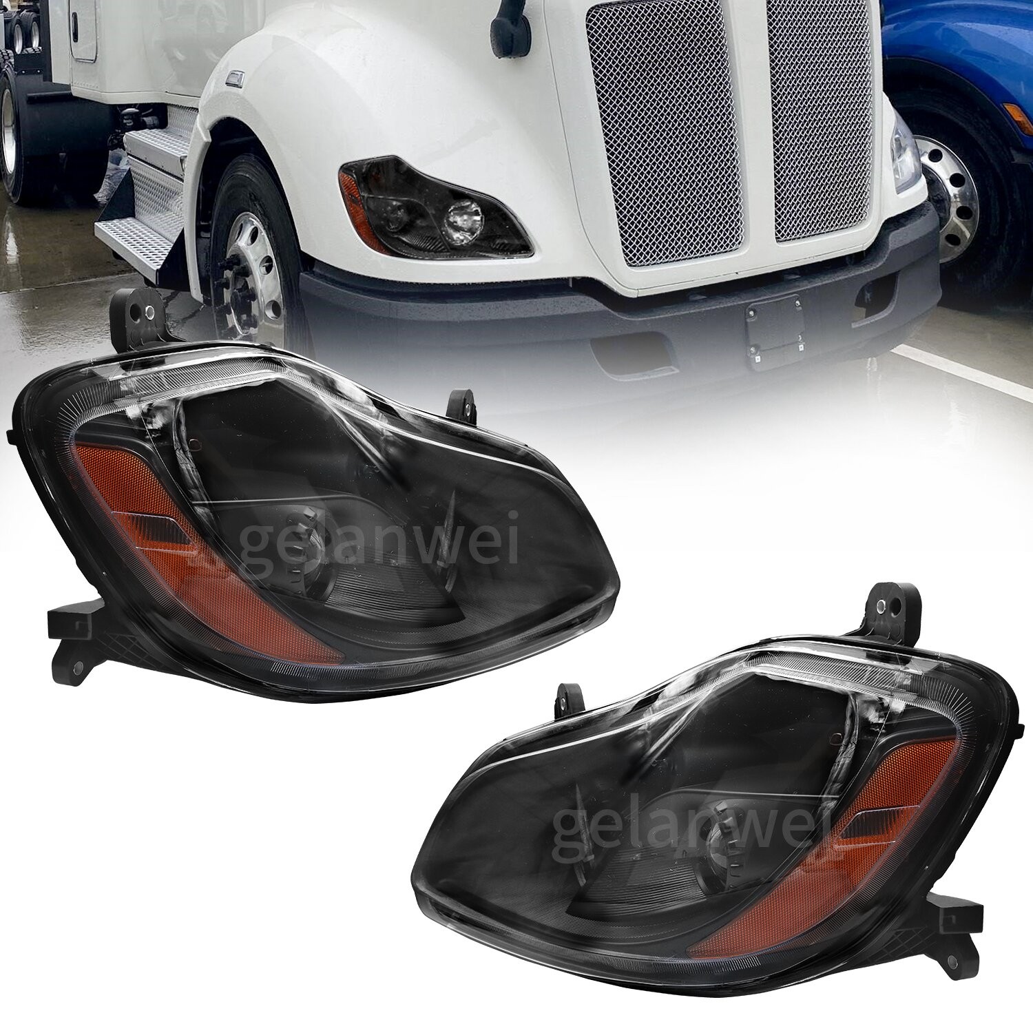 For 2013-2021 Kenworth T680 Left&Right Side Headlights Headlamp Black Assembly