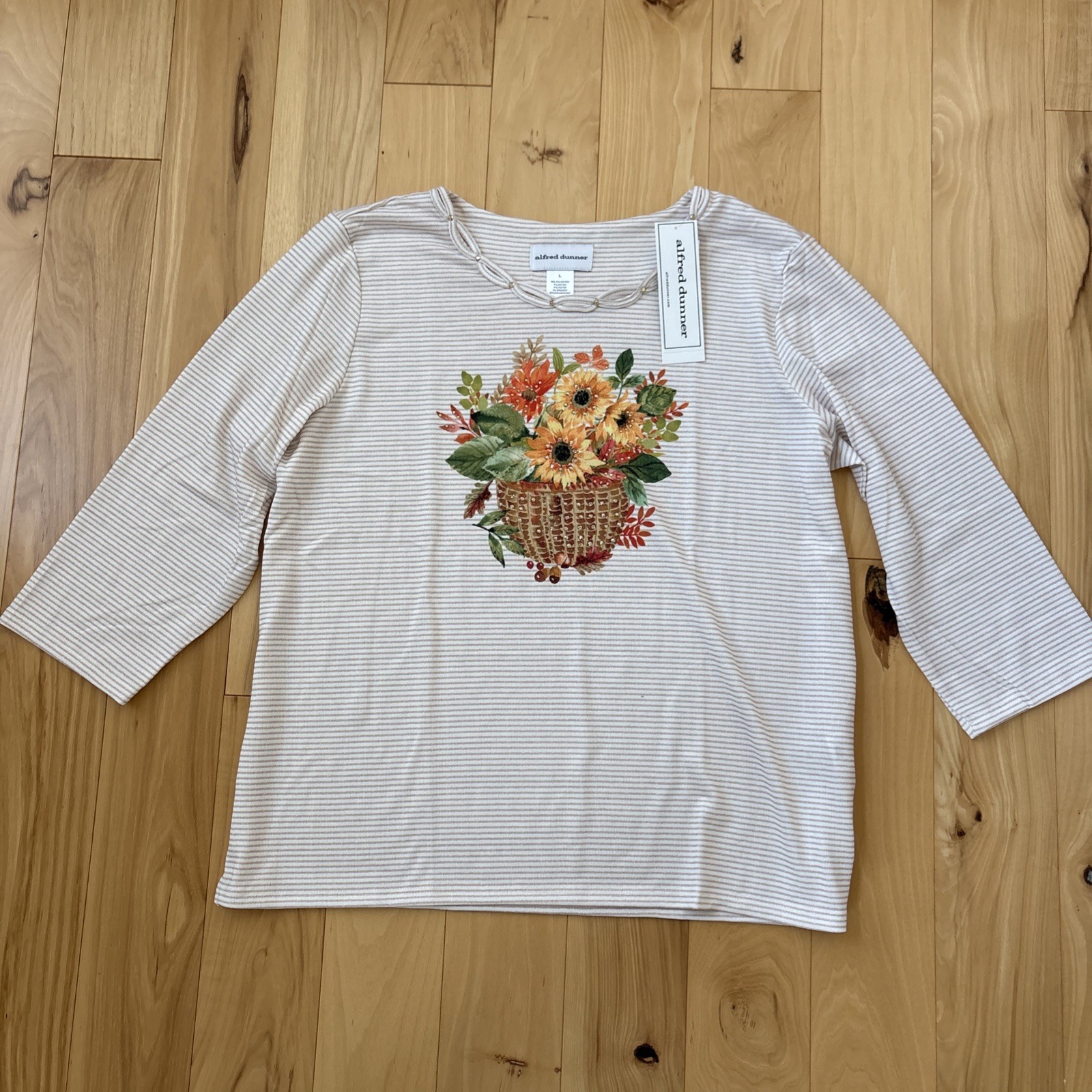 NWT ALFRED DUNNER FALL BASKET MINI BEAD TRIMS LATTICE NECK TOP  Sz L Retail $59