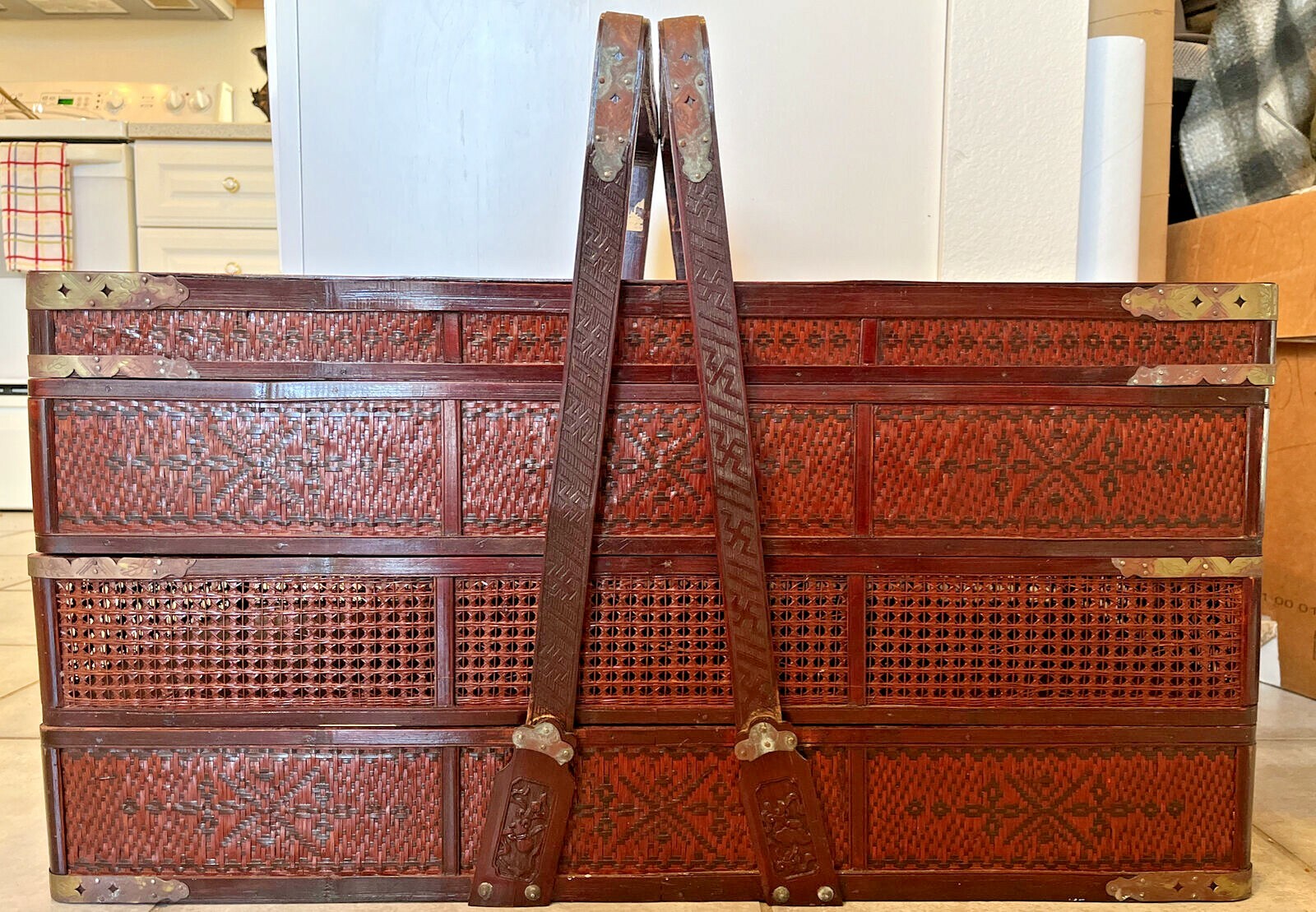 Antique VTG 3-Tier Victorian Asian Basket Woven Wicker Rattan Bamboo Food Trunk Antique VTG 3-Tier Victorian Asian Basket Woven Wicker Rattan Bamboo Food Trunk
