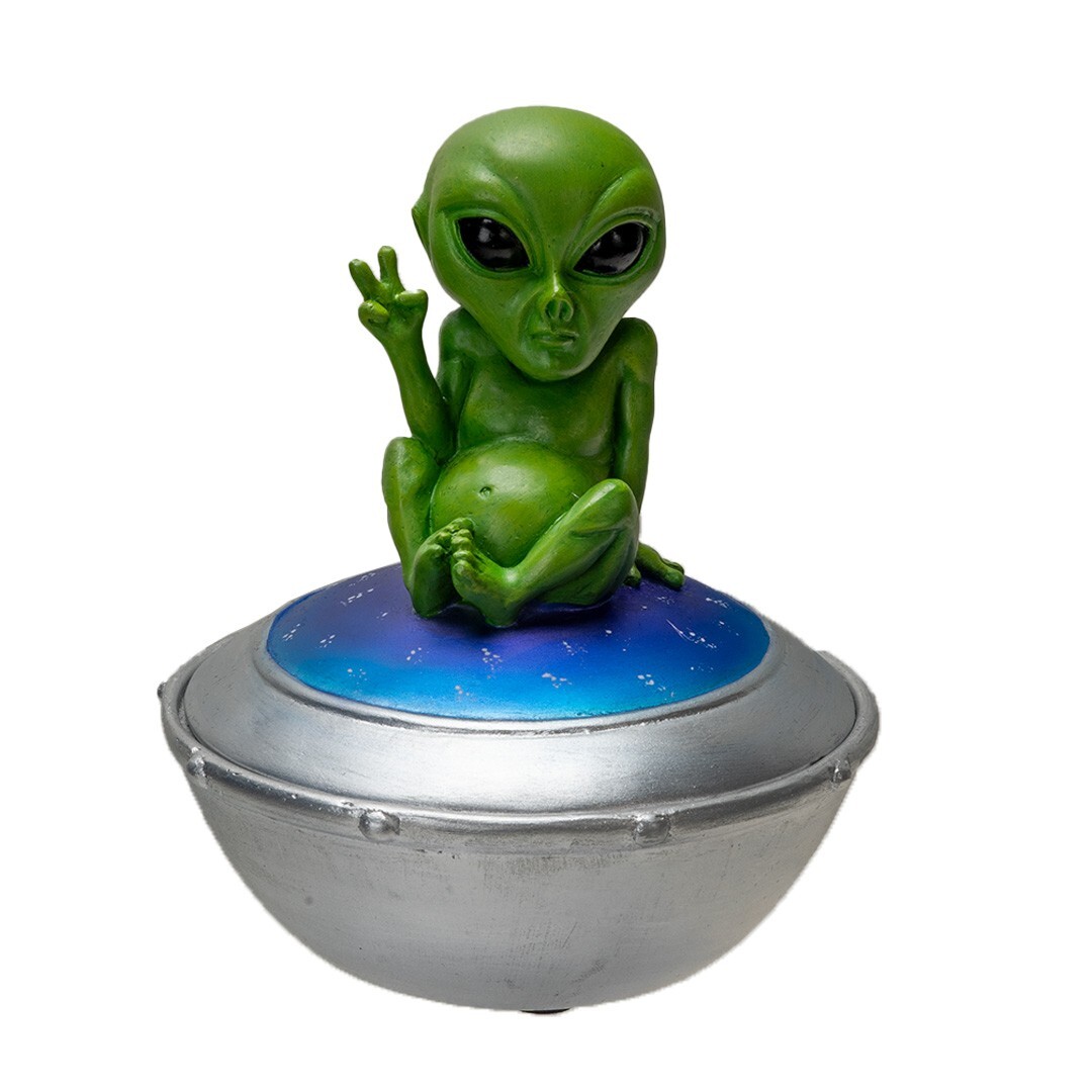 PT Pacific Giftware Green Alien on UFO Trinket Box