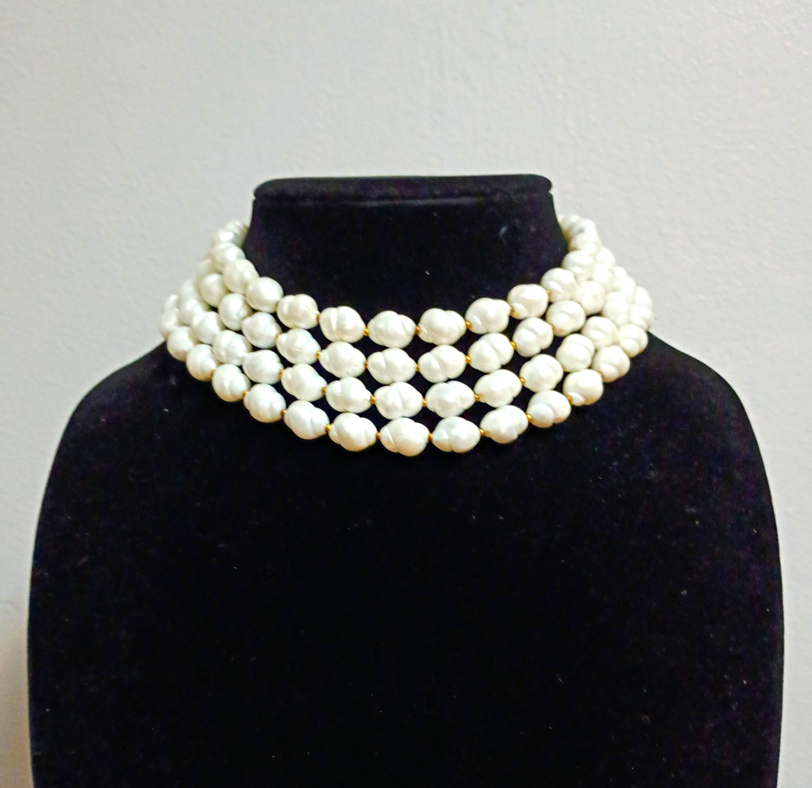 Vintage Signed Trifari Four Strand White Faux Pearl Choker Necklace Bar Clasp