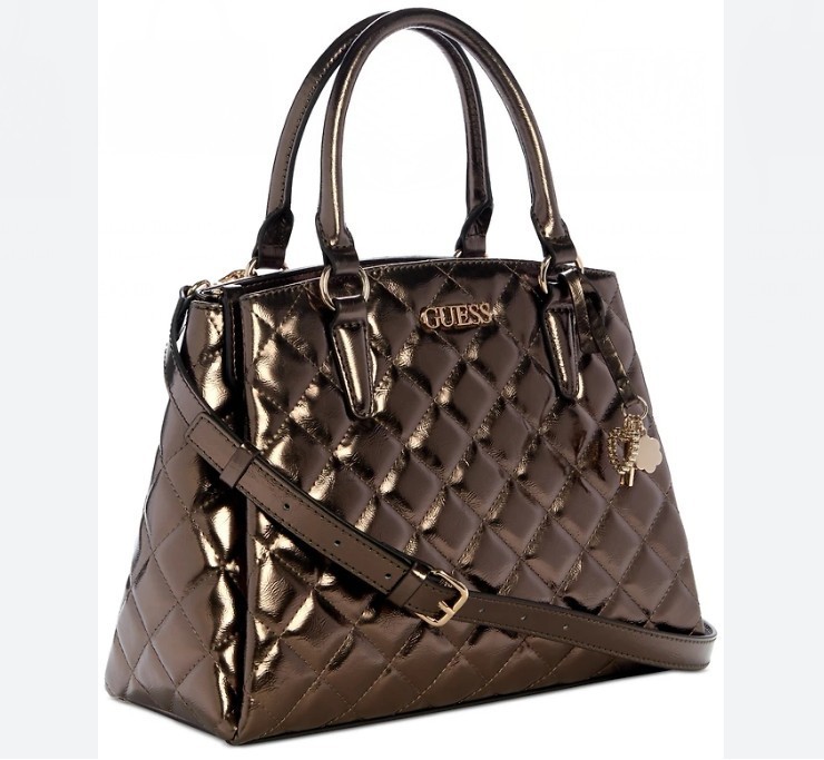 GUESS Tinsley triple compartment quilted medium satchel crossbody bag -Pewter