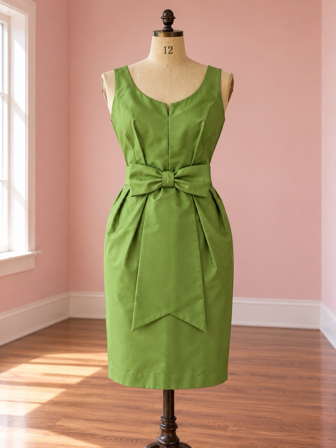 Vintage 50/60s Olive Green Wiggle Dress Giant Waist Bow Nicole San Fran Sz 10/12