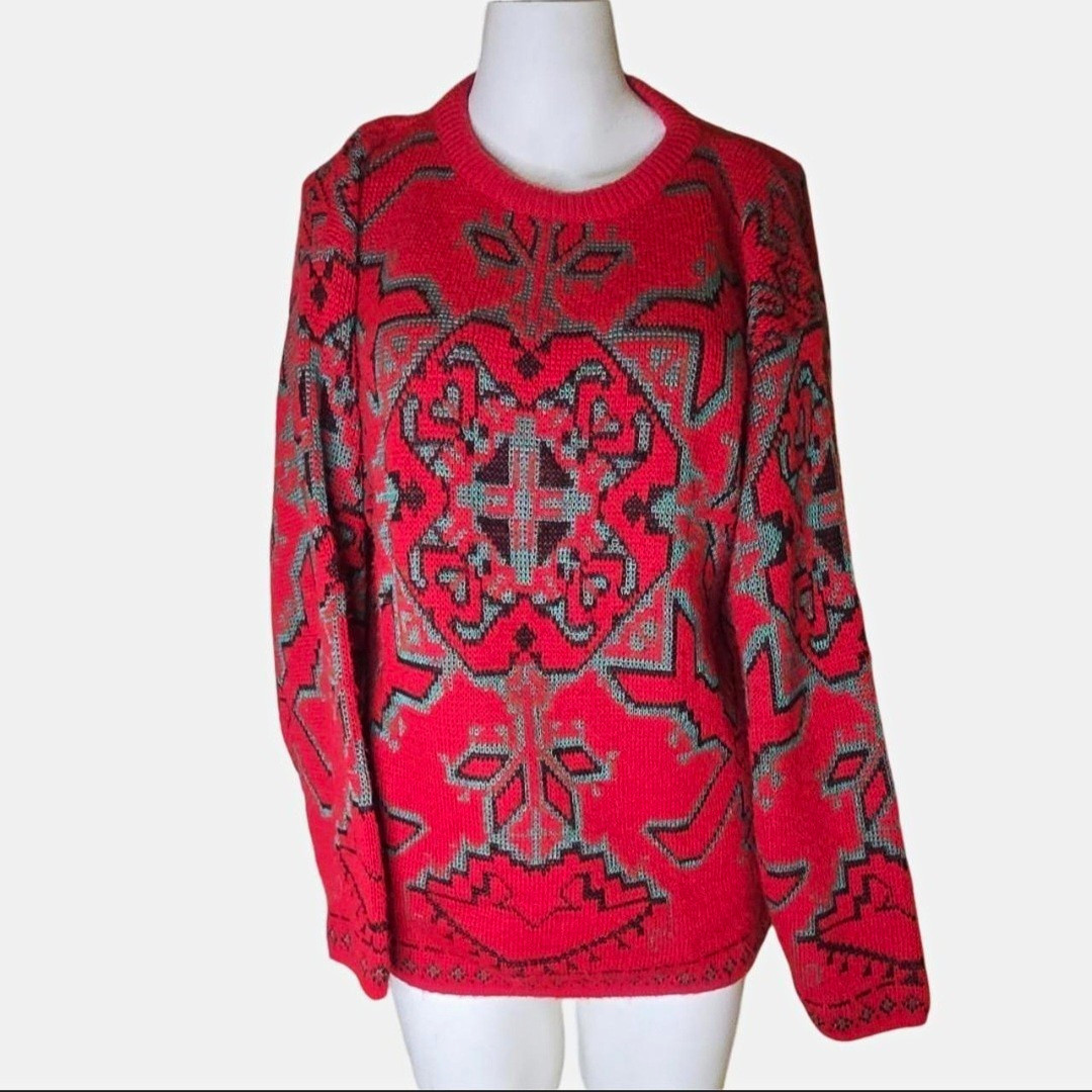 Vintage Carducci Red & Green Aztec Geometric Crewneck Sweater Size Medium 90s Vintage Carducci Red & Green Aztec Geometric Crewneck Sweater Size Medium 90s