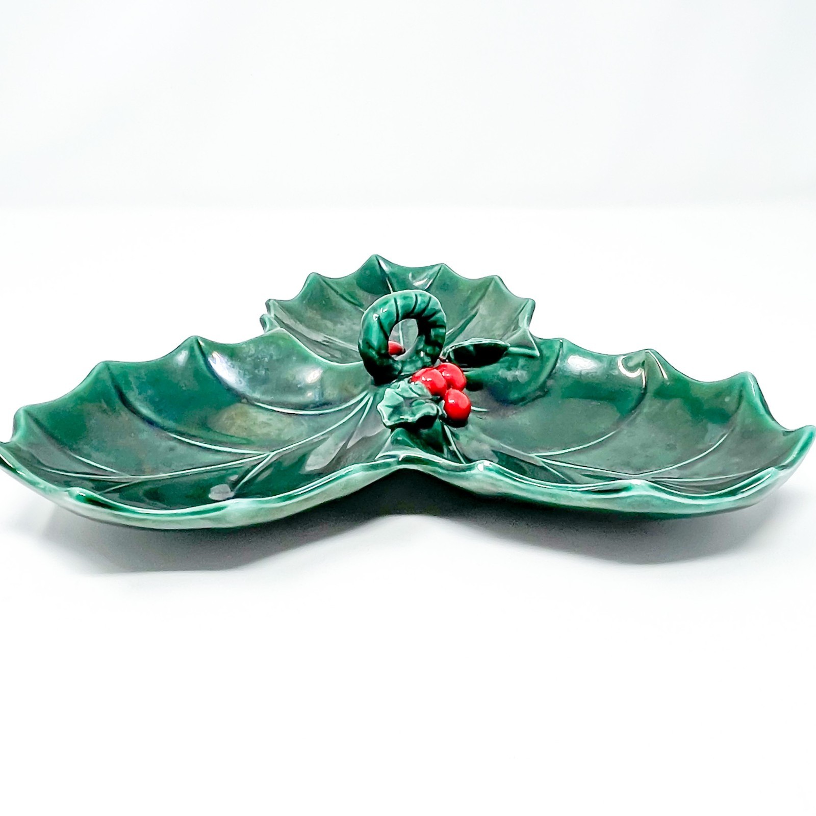 Vintage Christmas 1950s Lefton Holly Berry Divided Nut Candy Dish 10