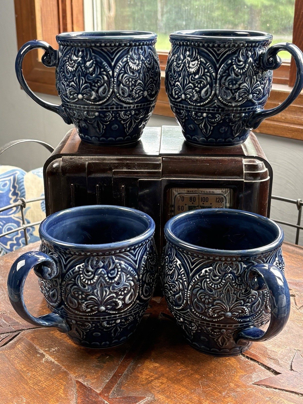 Pier 1 Chateau Clair Scalloped Blue Hand-Painted Stoneware Coffee Mug 16oz Set 4