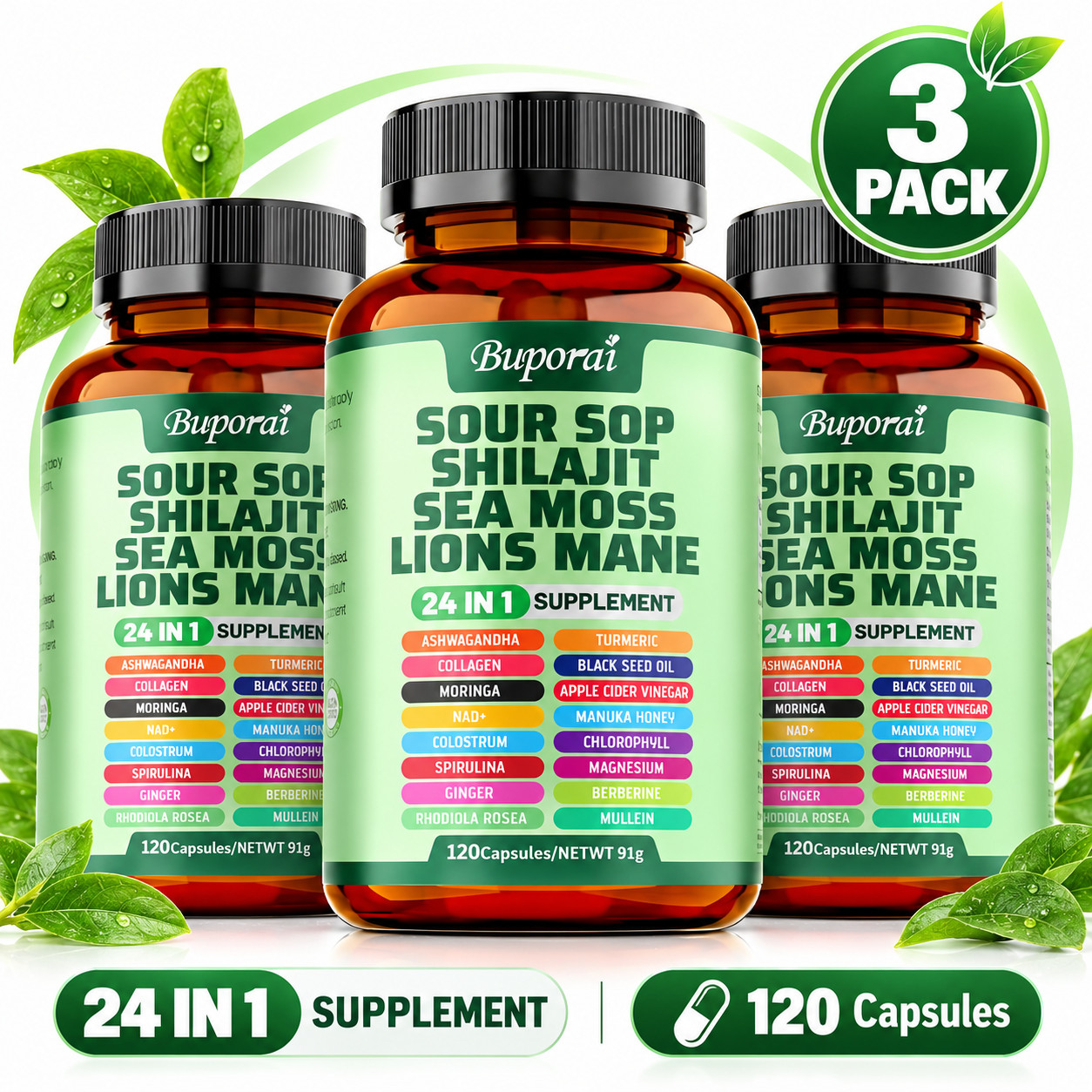 Soursop 24-in-1 Antioxidant Mushroom Supplement 120 Caps 3 Pack