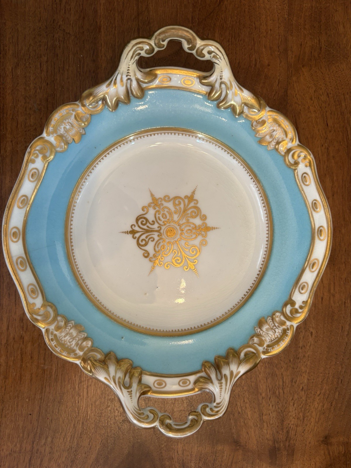 Antique Chamberlain Worcester 8” Celeste Blue Gilded 24ct 1846 Plate w/handles