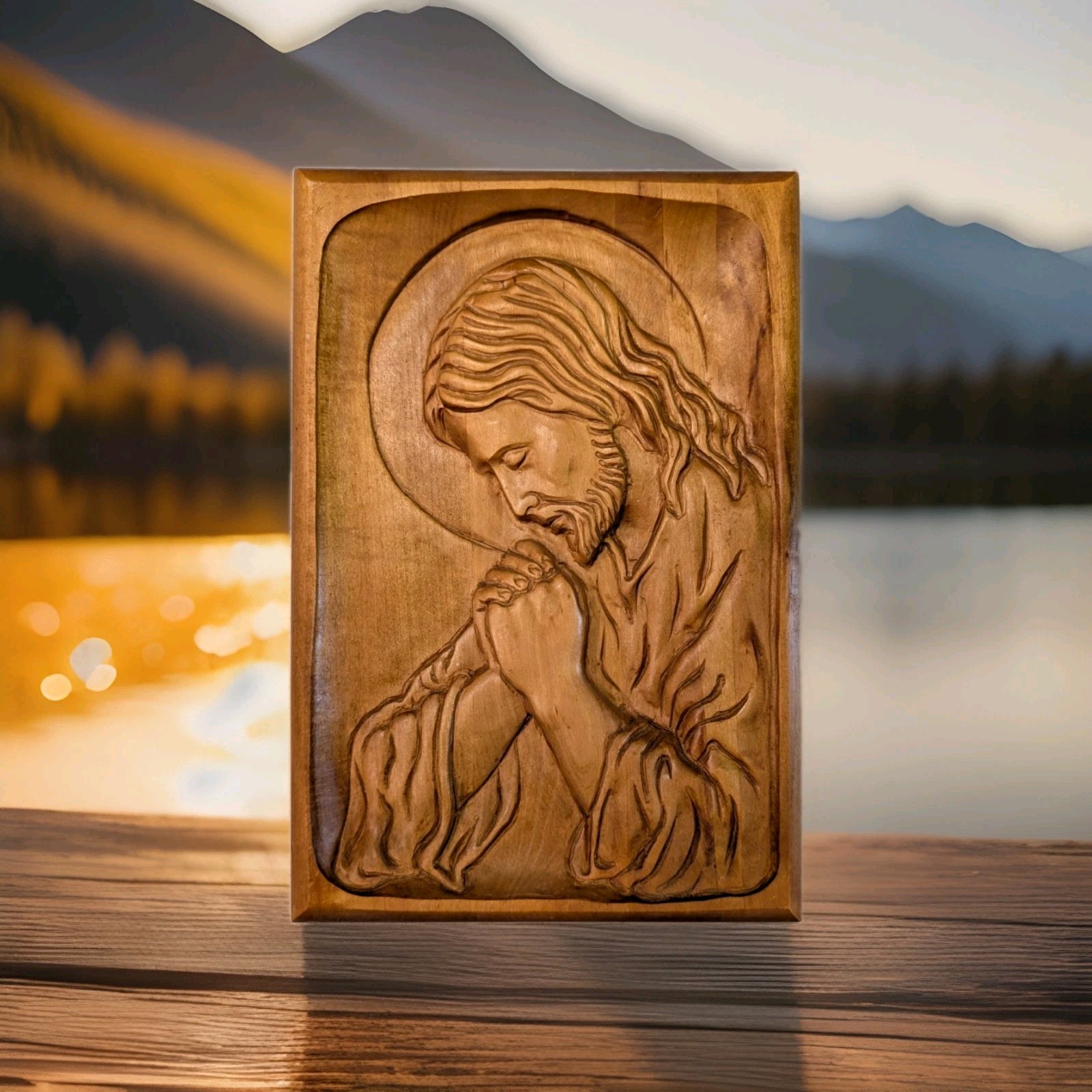 Vintage Hand Carved Wood Jesus Praying Wall Plaque Christian Religious Art