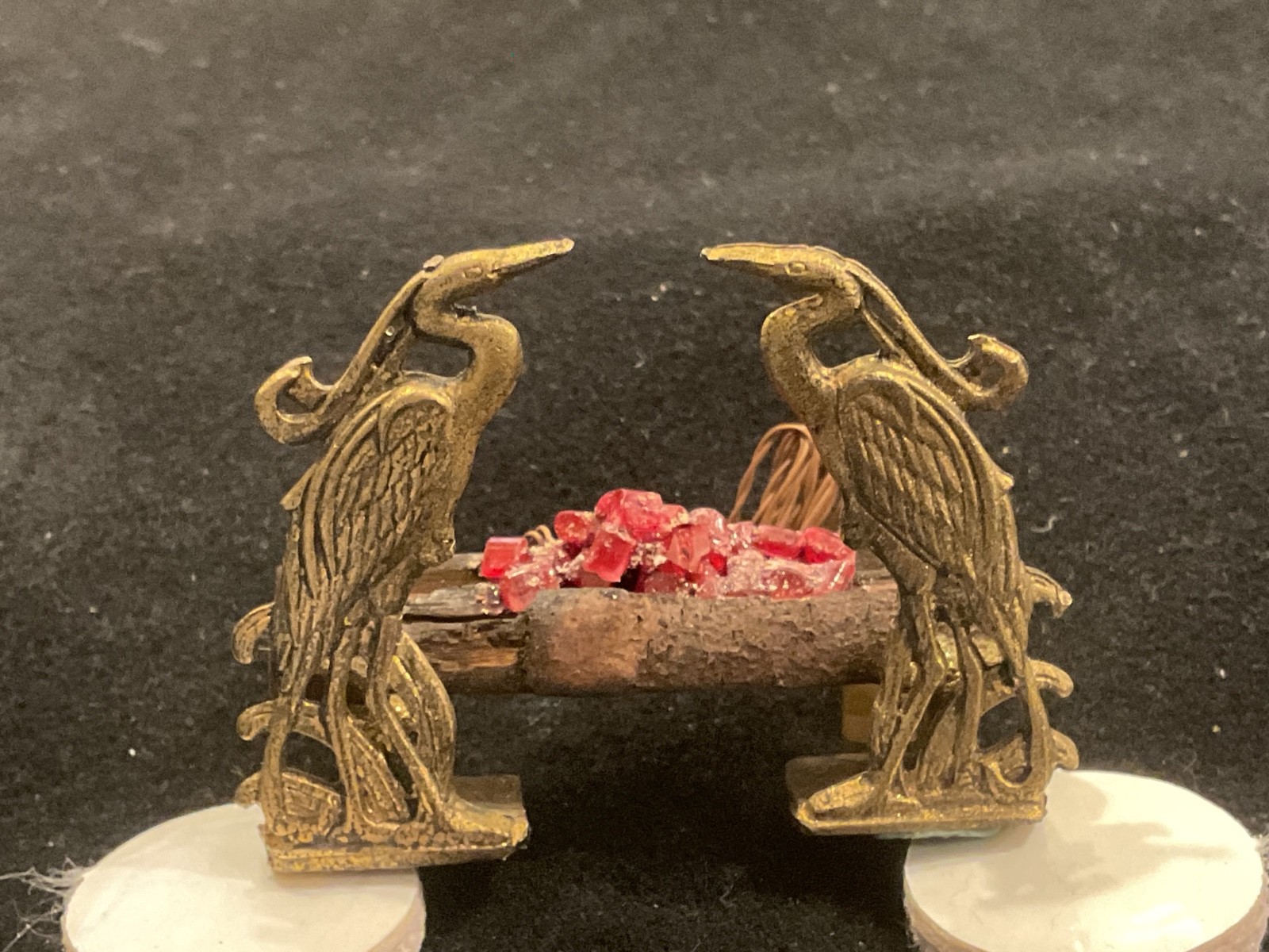 Antique OOAK ARTISAN Electric Figural Bronze EGRET Andirons & wood Embers set ⭐