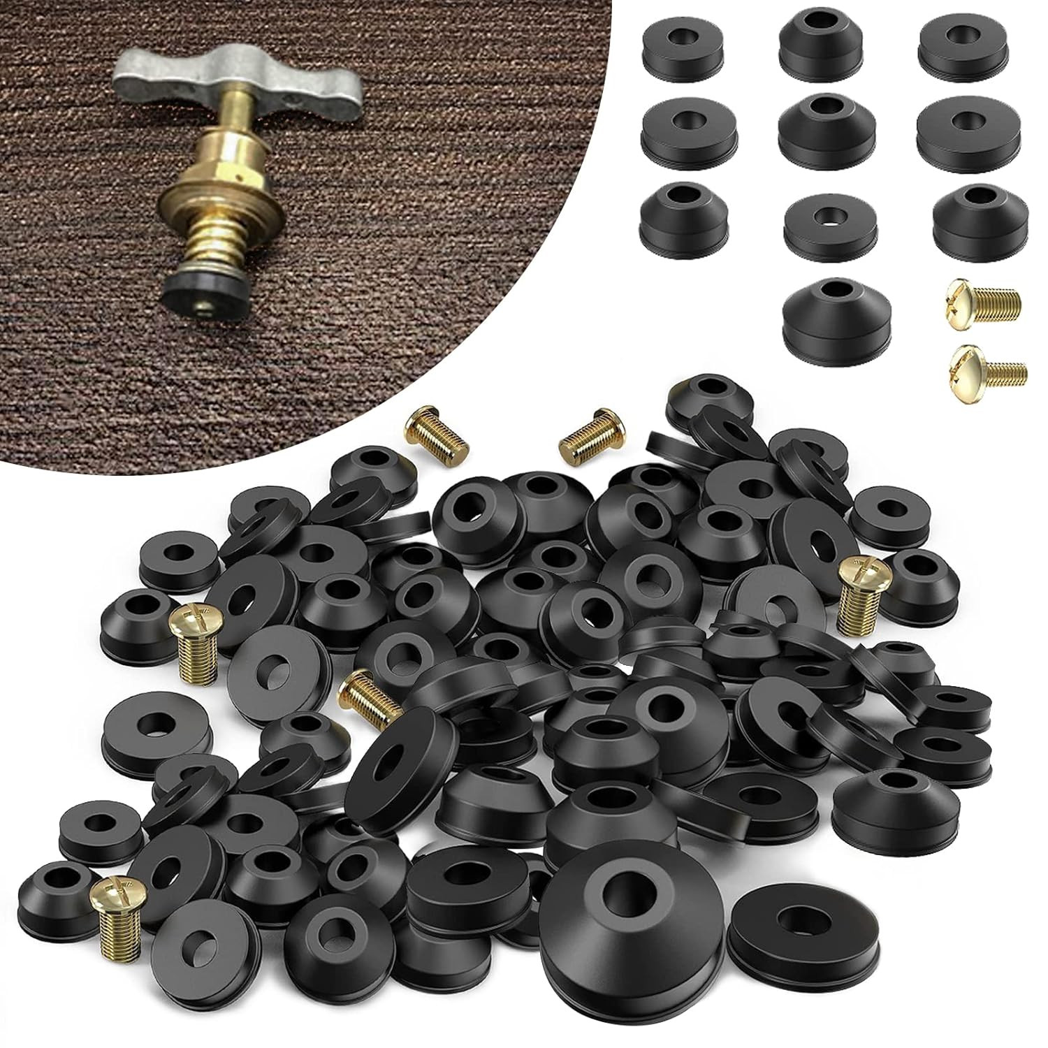 58-Pack Faucet Washer Assortment Kit - Rubber Flat & Beveled Washers with Brass 58-Pack Faucet Washer Assortment Kit - Rubber Flat & Beveled Washers with Brass
