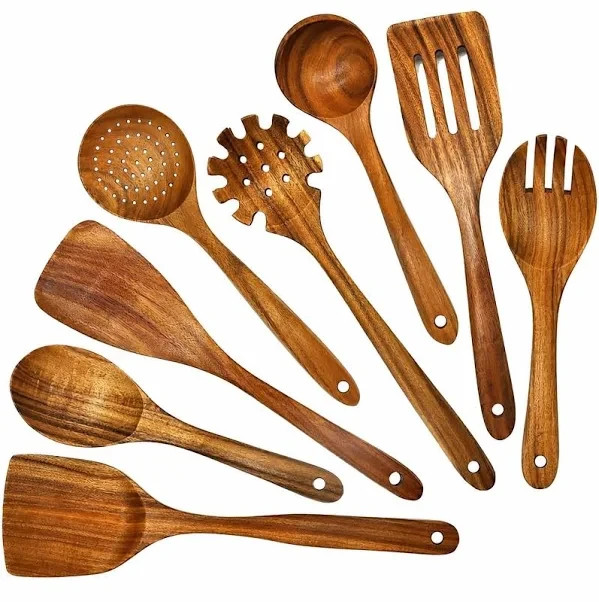 Zulay Kitchen Teak Wood Kitchen Utensil Set 8-Piece Set