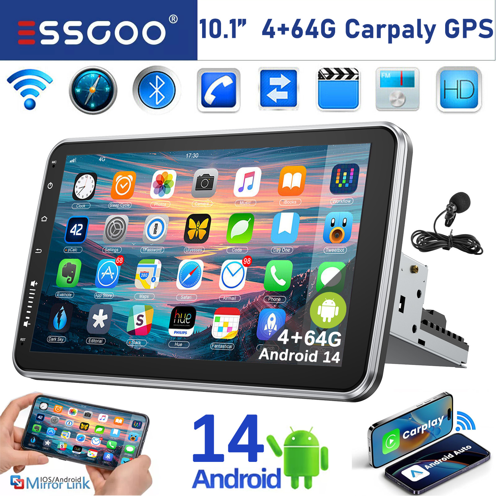 4G+64G 10'' Single 1 DIN Carplay Android 14 Car Stereo Radio Rotatable GPS WIFI