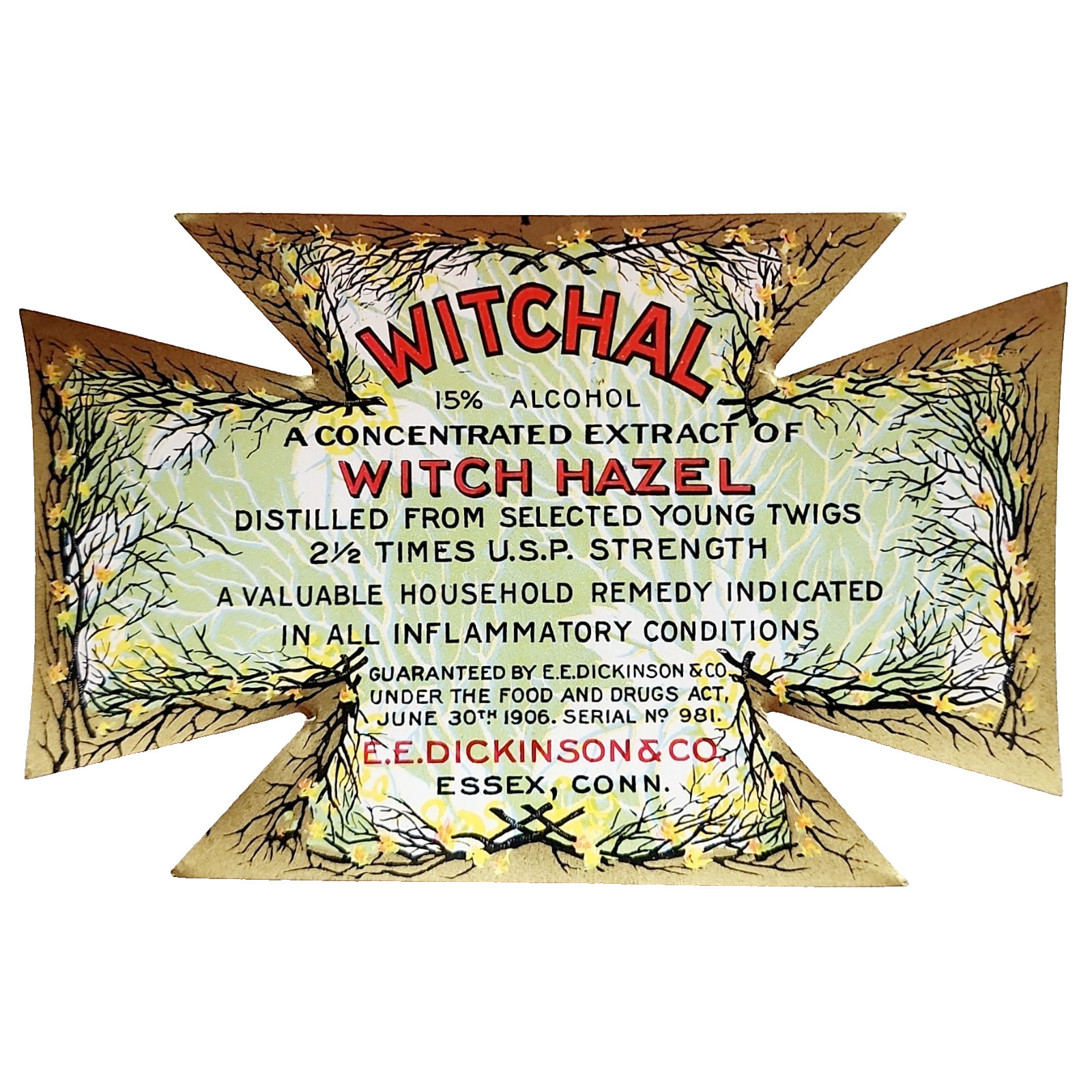 1906 Witchal Witch Hazel Label LG Antique Medical Dickinson Essex Connecticut J2
