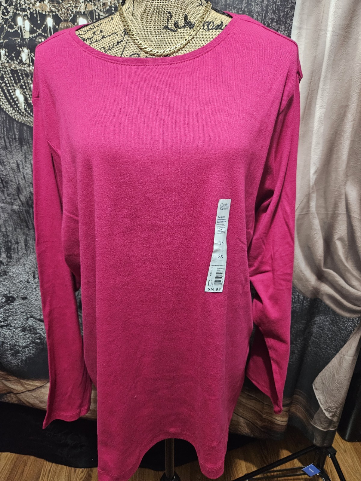 CROFT & BARROW, WOMEN\'S NEW DARK PINK COTTON LONG SLEEVED TEE, SIZE 2X